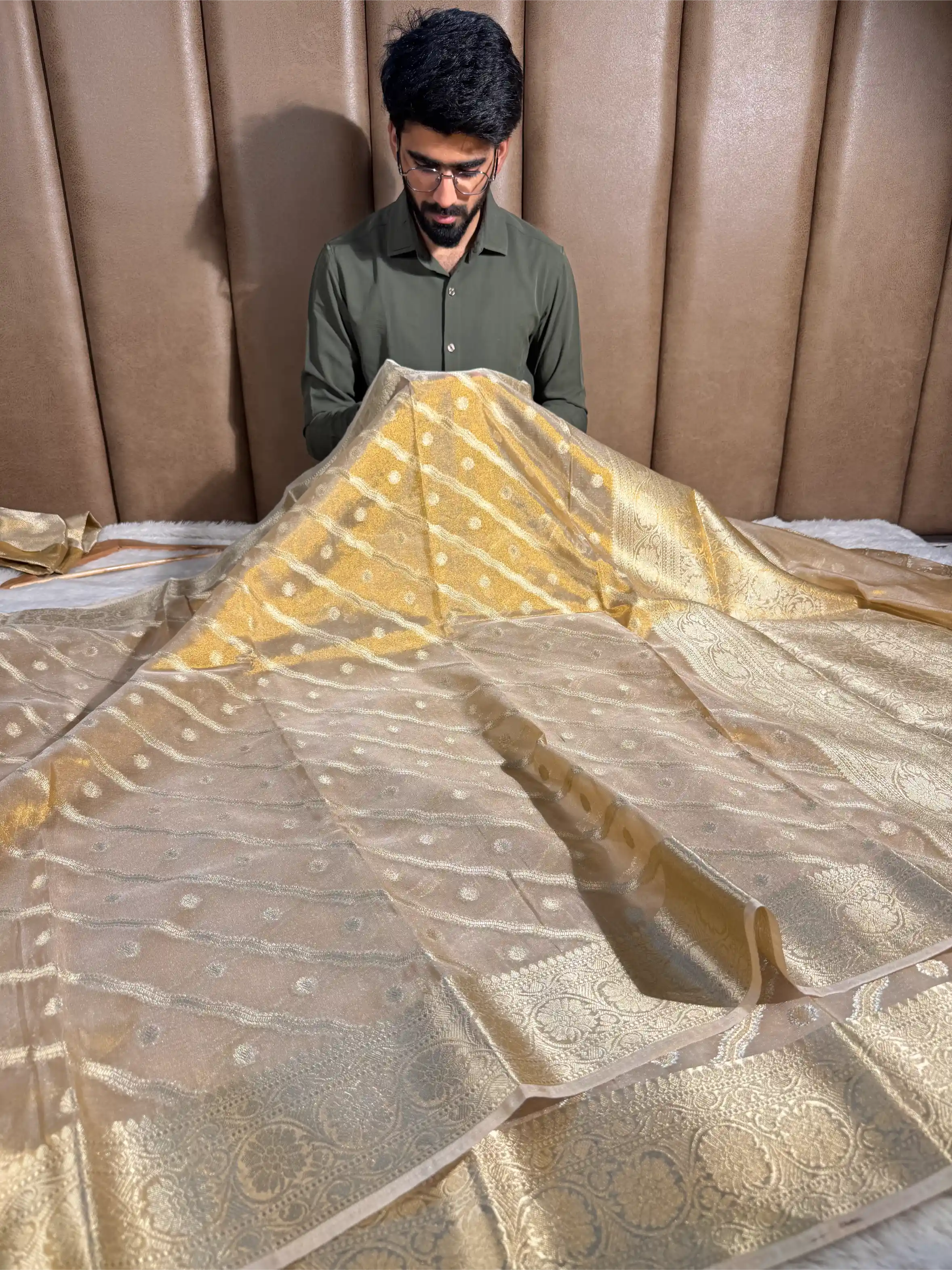 Never Seen Copper Tissue Silk Leheriya Banarasi Saree