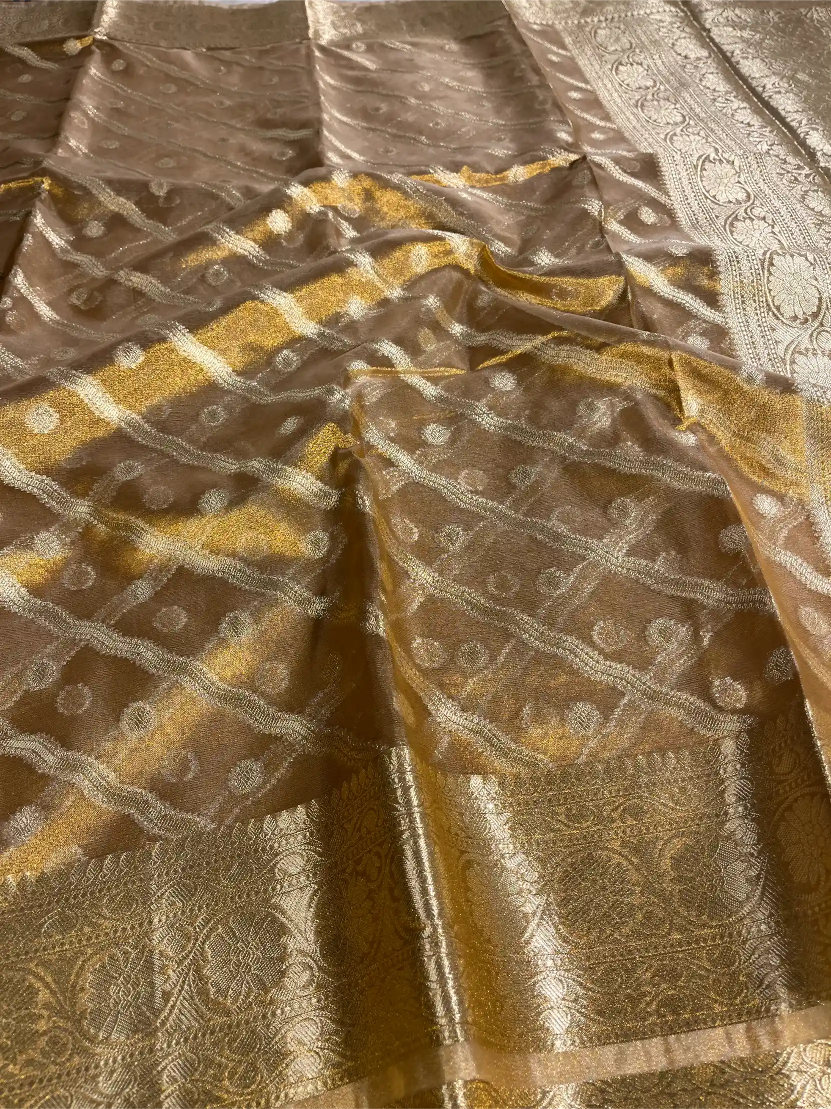 Never Seen Copper Tissue Silk Leheriya Banarasi Saree