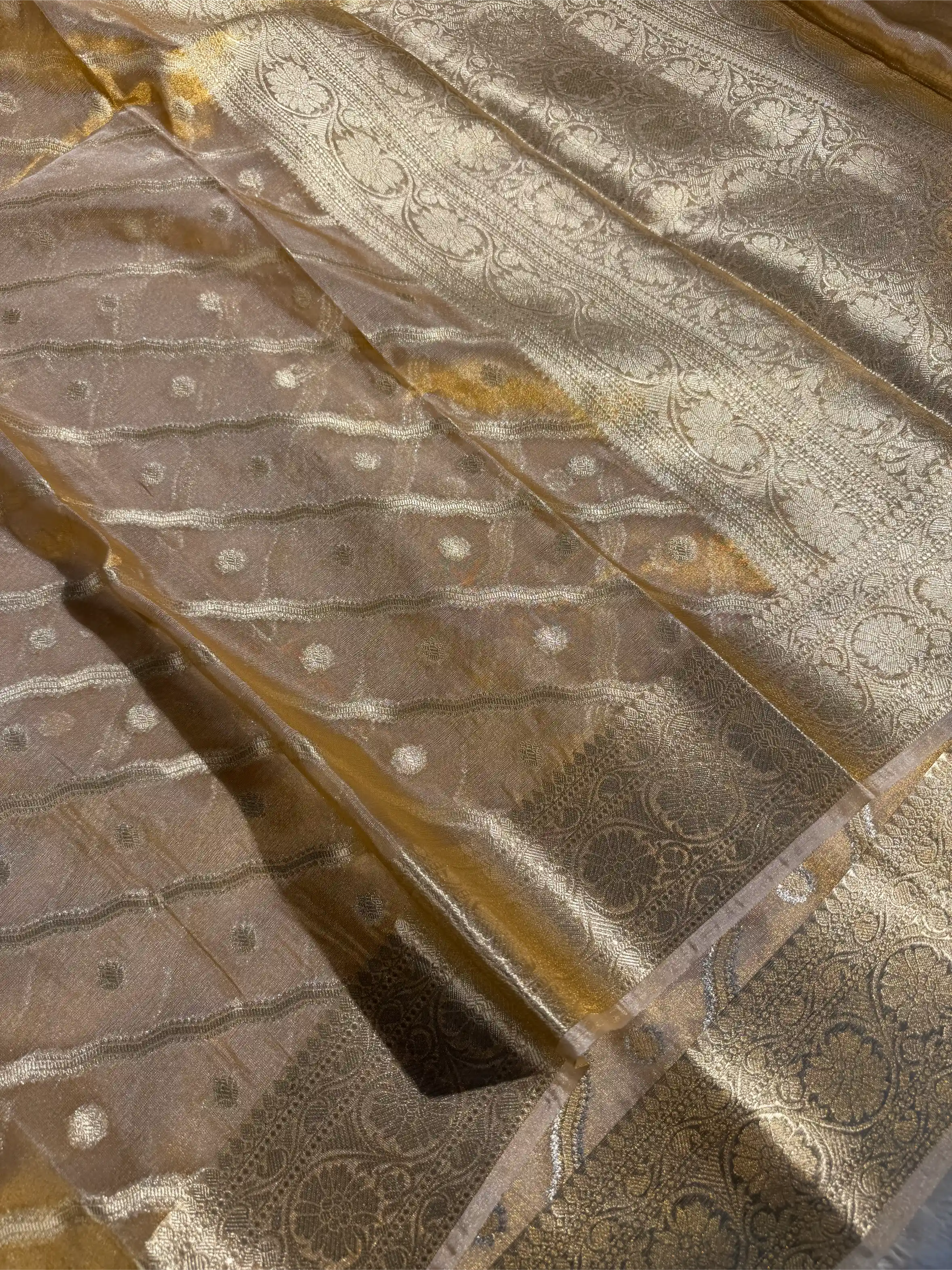 Never Seen Copper Tissue Silk Leheriya Banarasi Saree