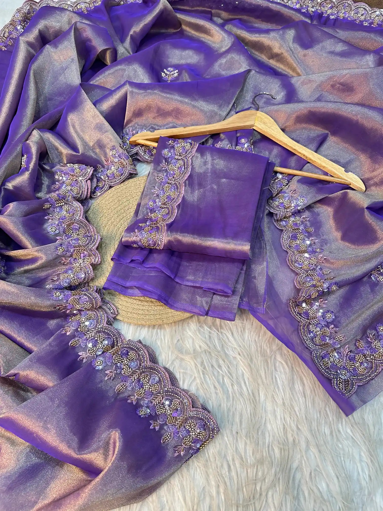 Dark Lavender Tissue Silk Banarasi Saree with Intricate Handwork and Scallop Borders