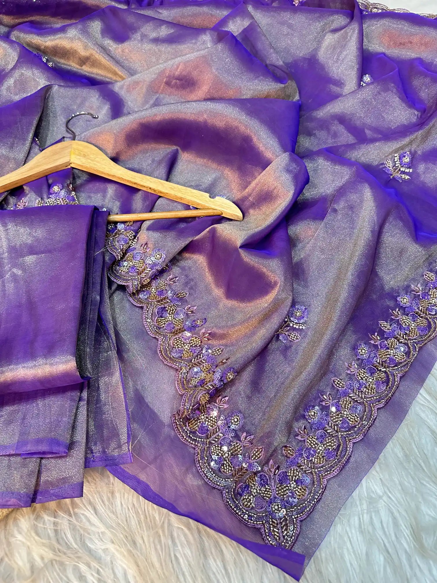 Dark Lavender Tissue Silk Banarasi Saree with Intricate Handwork and Scallop Borders