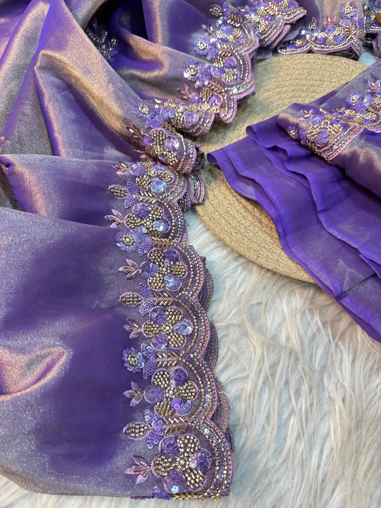 Dark Lavender Tissue Silk Banarasi Saree with Intricate Handwork and Scallop Borders