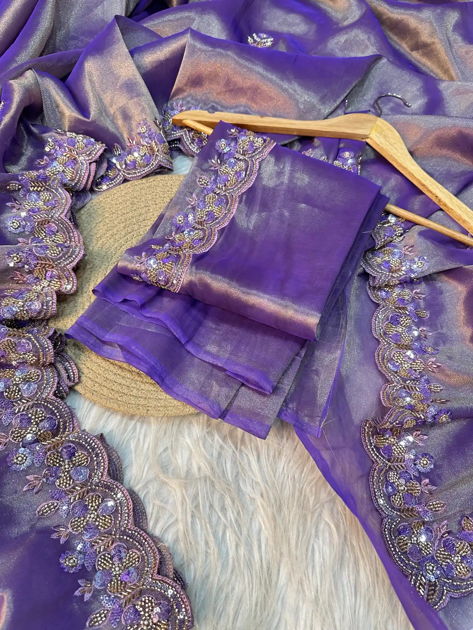 Dark Lavender Tissue Silk Banarasi Saree with Intricate Handwork and Scallop Borders
