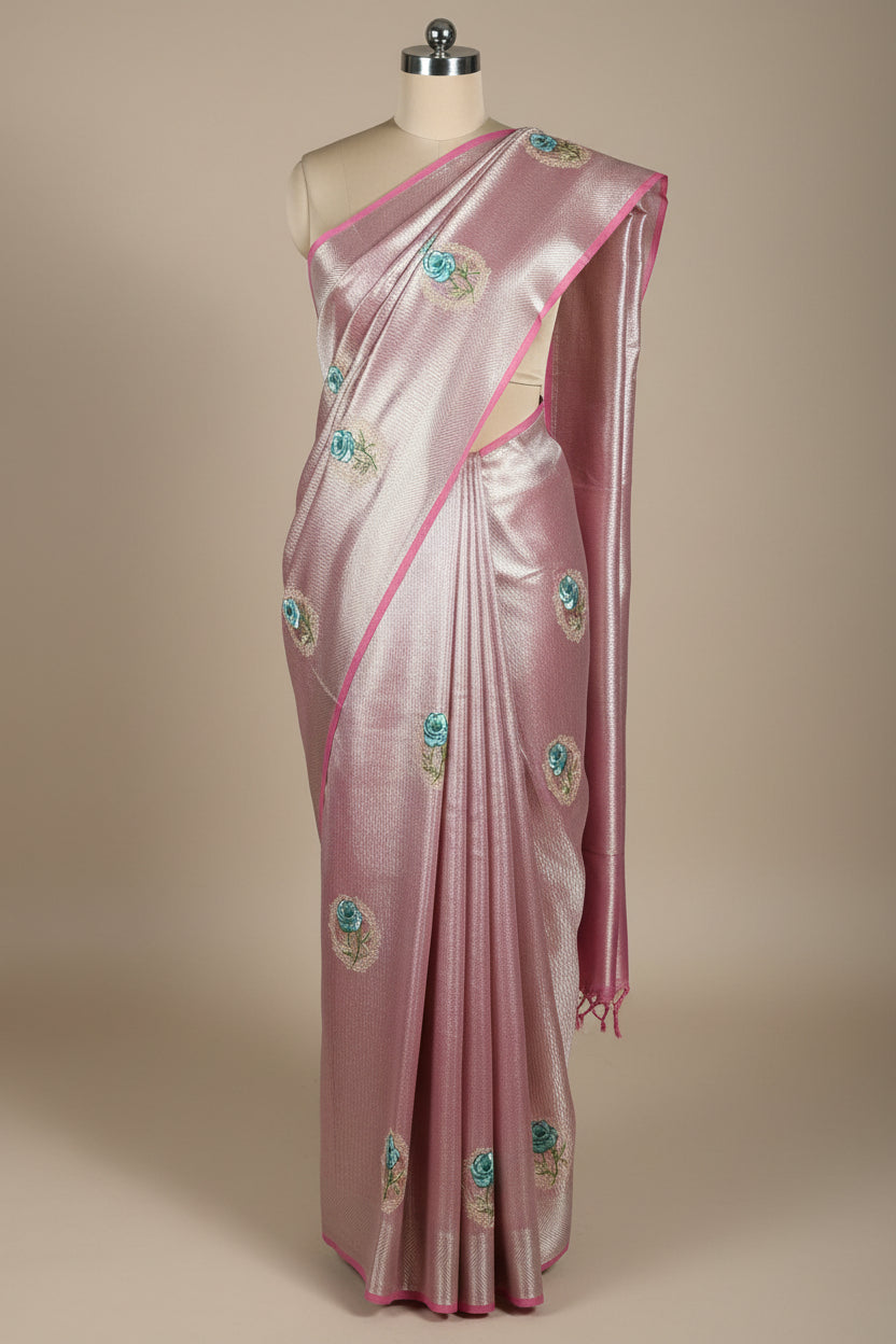 Never seen before Metallic Pink aplique work tissue silk saree with rich pallu