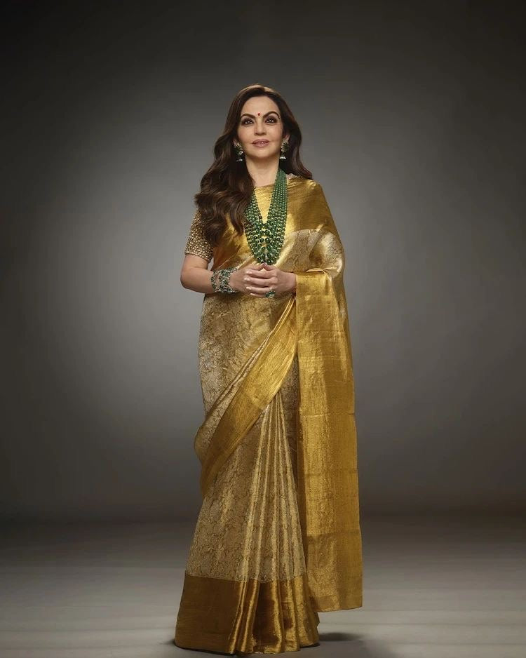 Buy Beige Golden Multi Embroidery Tissue Silk Saree At Hatkay