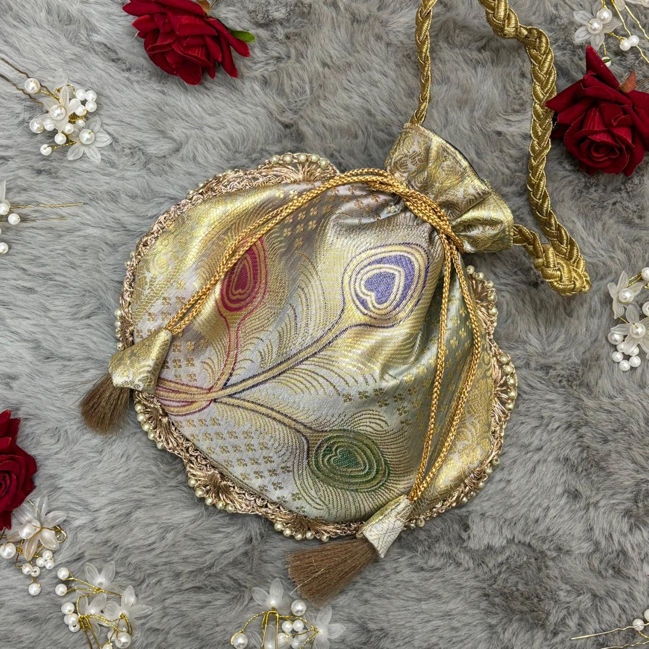 Off-White Beautiful Lace Work Banarasi Potli Bags