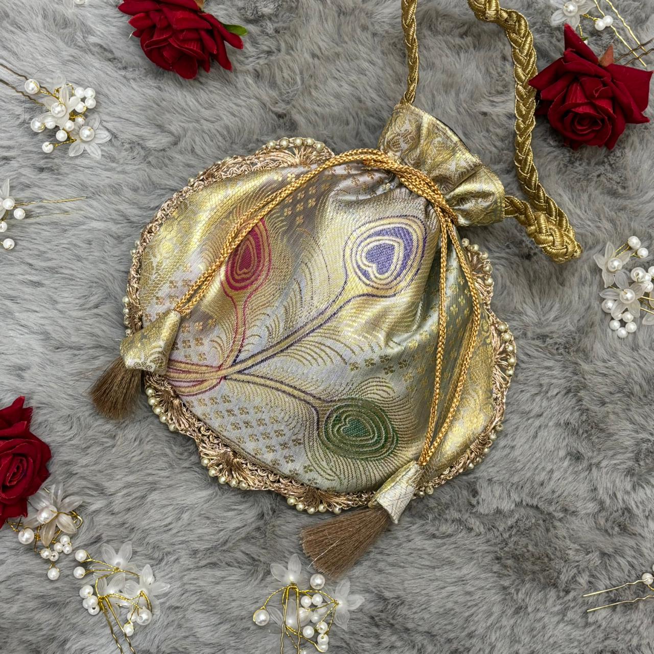 Off-White Beautiful Lace Work Banarasi Potli Bags