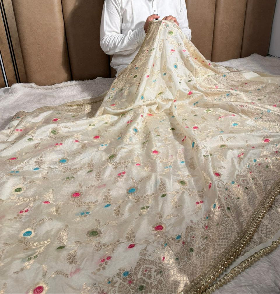 Off White Meenakari Dupion Silk Premium Designer Saree