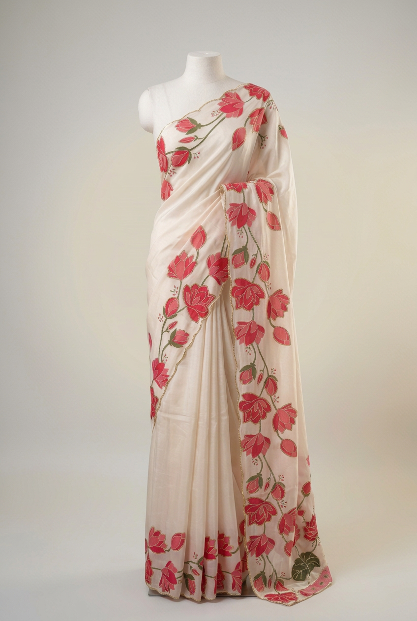 Off White Softsilk Floral Print Designer Saree