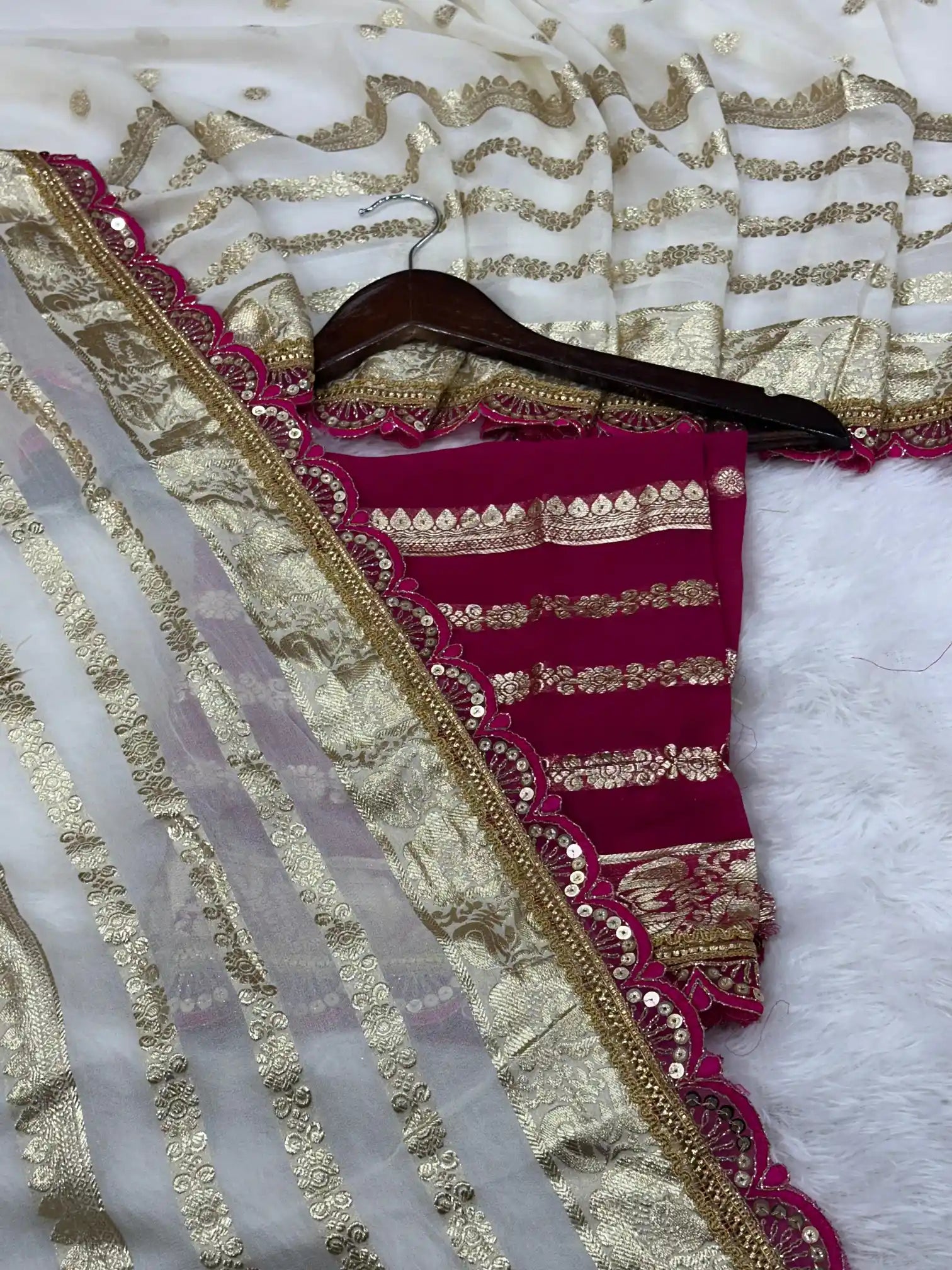 Off White Viscose Georgette Designer Lace Work Banarasi Saree