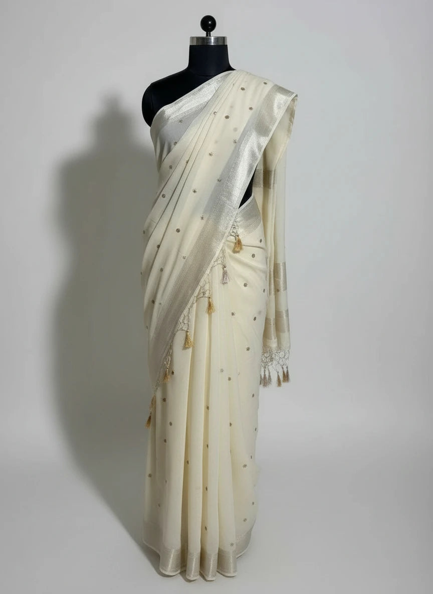 Off White Viscose Georgette Silk Embroidered Buti Saree