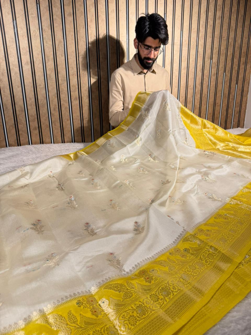 Off white yellow pure mango silk heritage Banarasi Saree