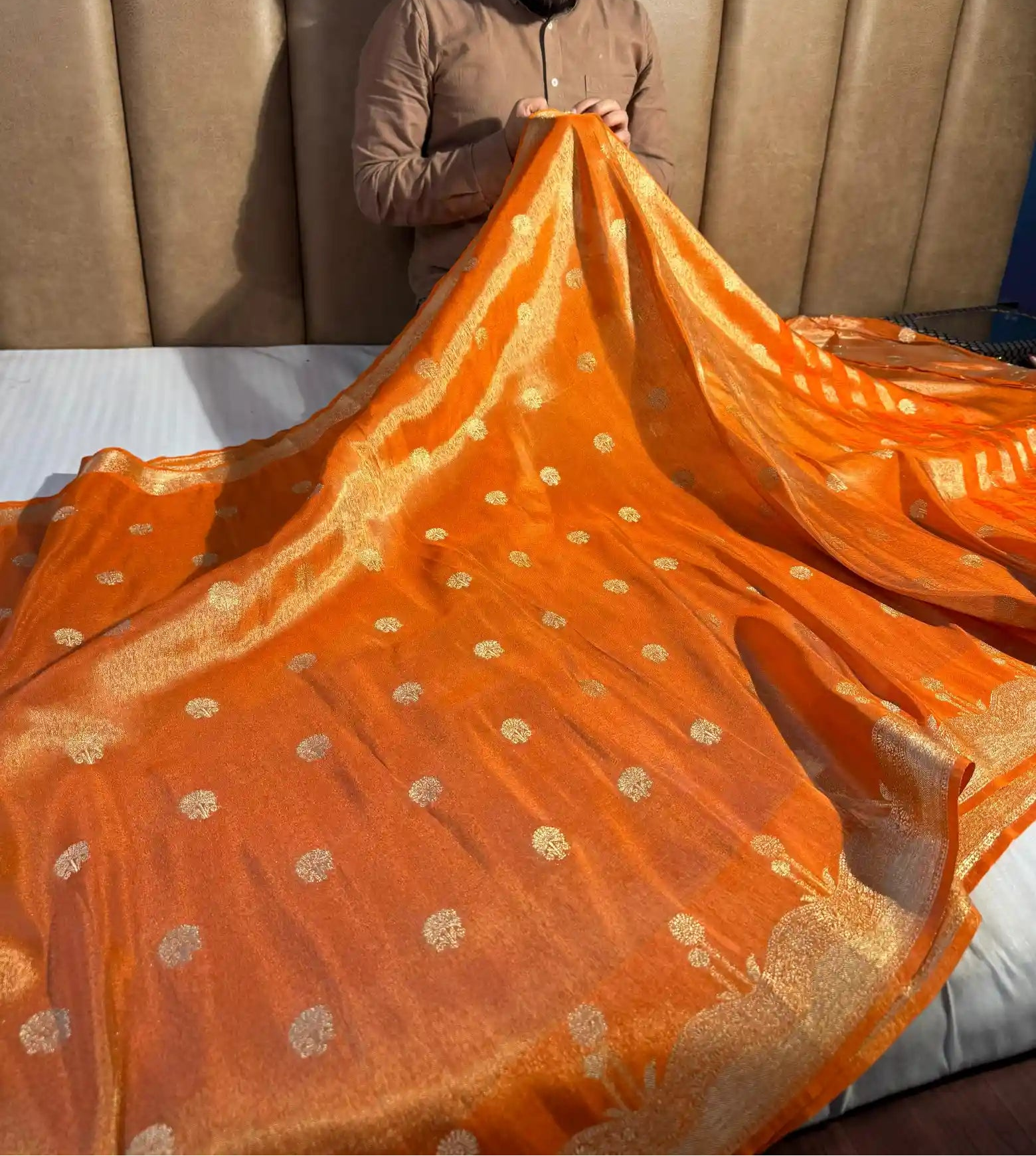 Bright Orange Breathable Katan Tissue Silk Traditional Buta Banarasi Saree
