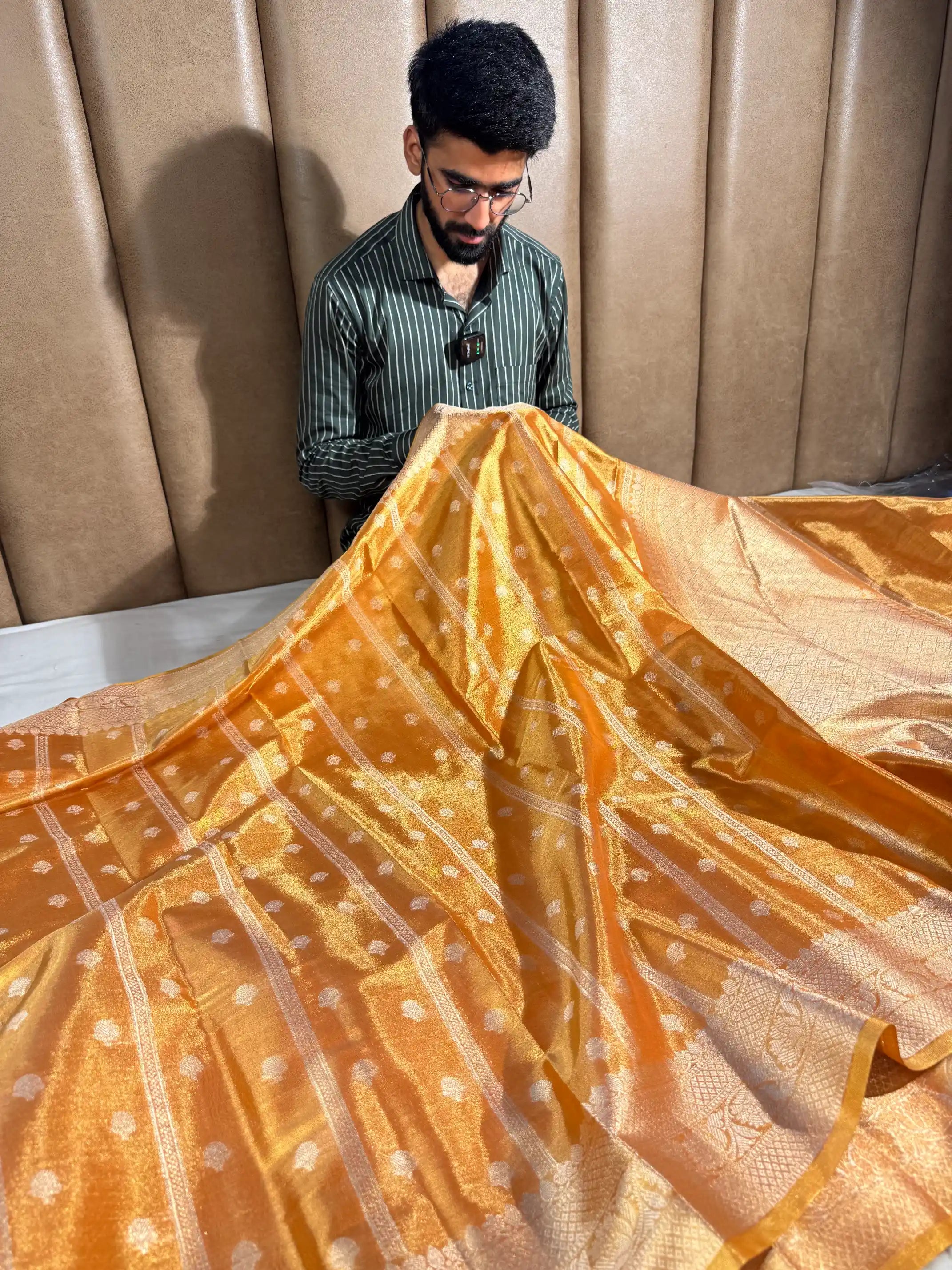 Orange Peel Kathan Tissue Silk Zari Buta Banarasi Saree