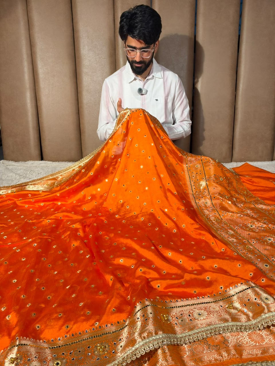 Orange Soft Georgette Ghungroo Mirror Work Saree