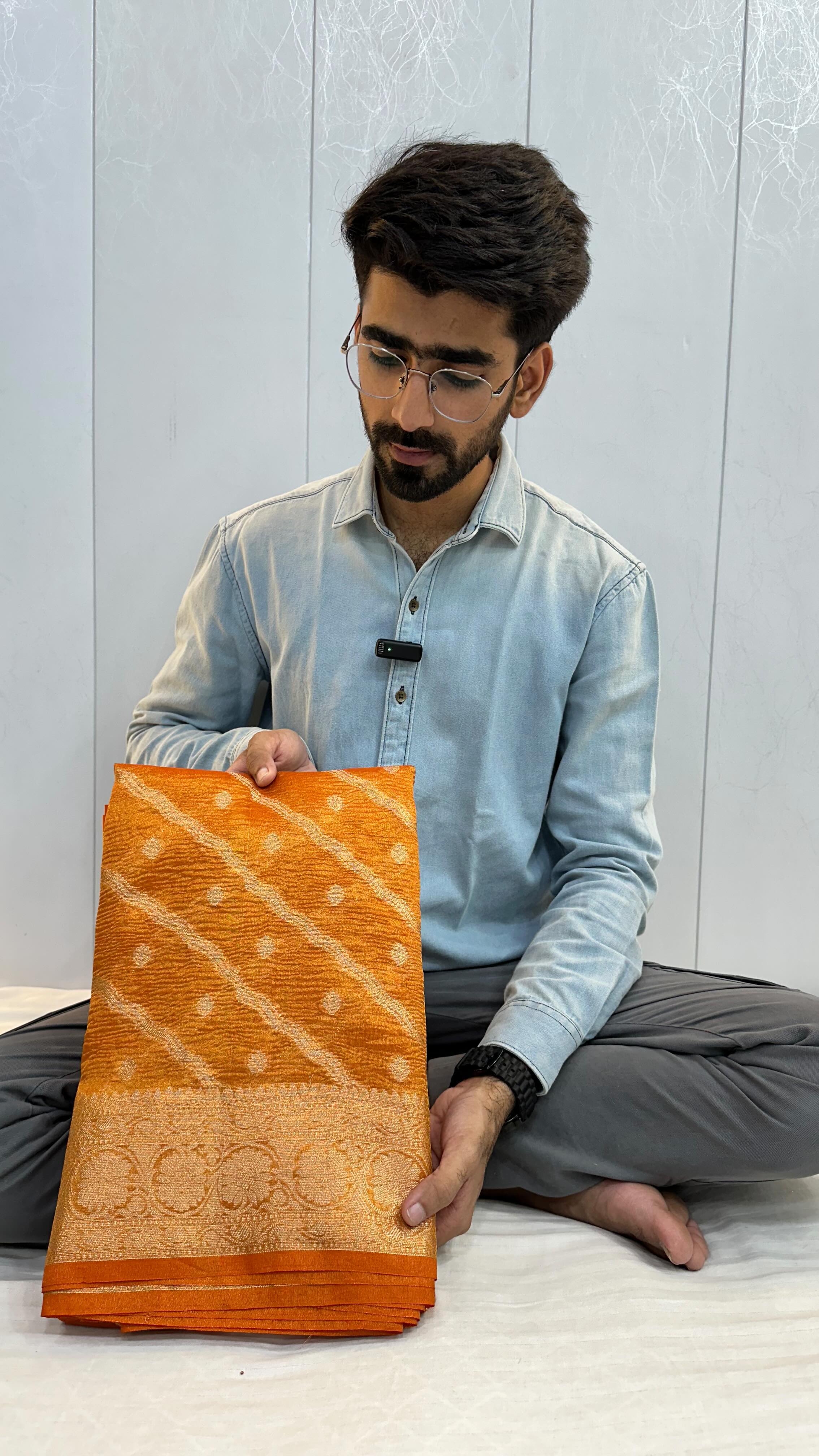 Orange Tissue Silk Crush Texture Banarasi Saree