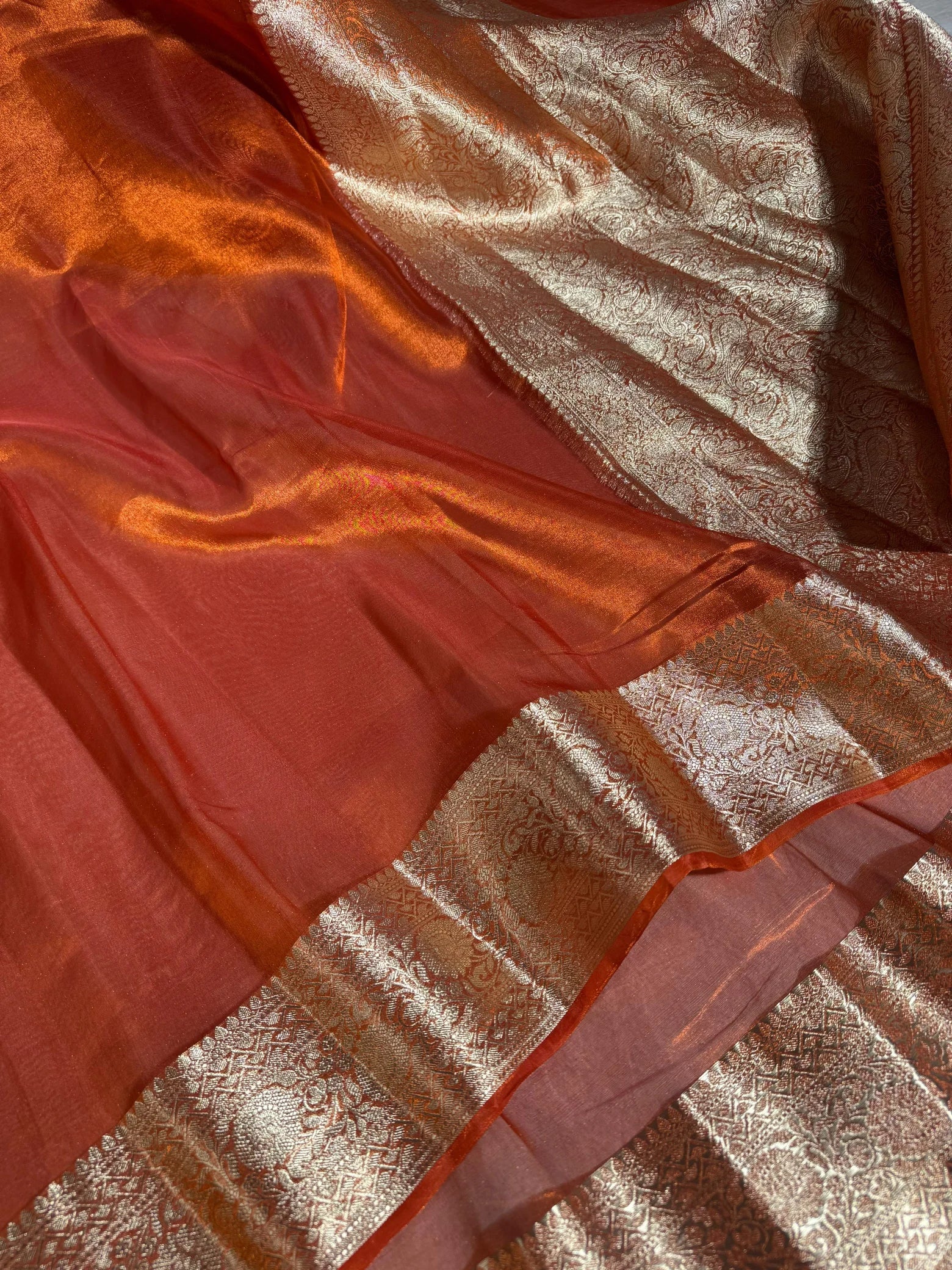 Orange shade Pure Banarasi tissue silk saree rich pallu