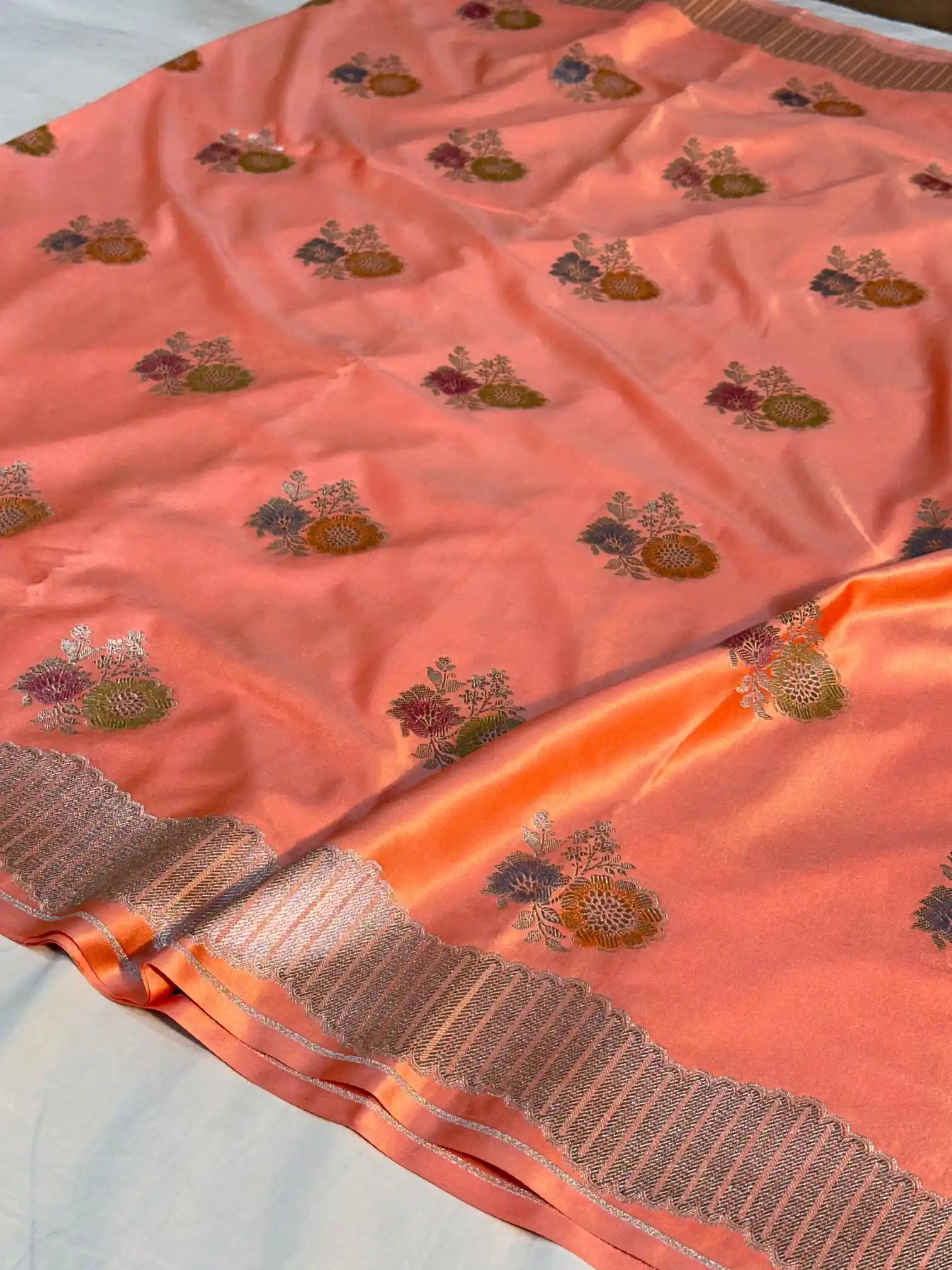 Orangish Peach Handbrush Dyed Mashru Silk Banarasi Saree