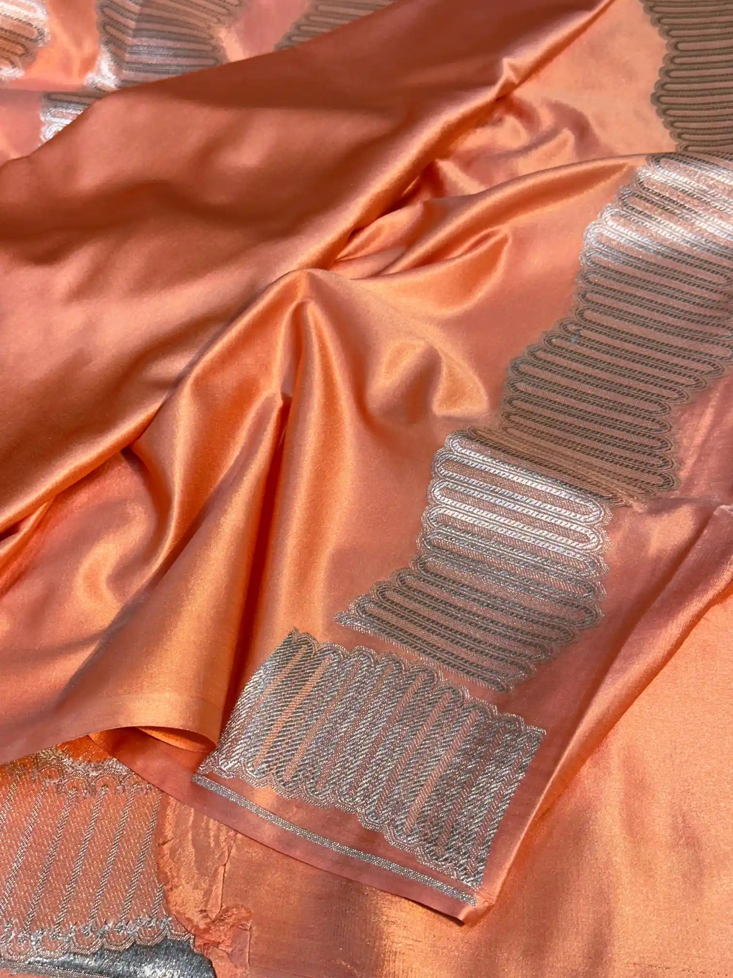Orangish Peach Handbrush Dyed Mashru Silk Banarasi Saree