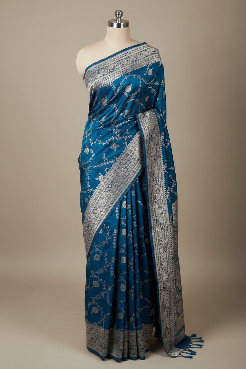 Oxford Blue Mashru Katan Silk Floral Jaal Weave Banarasi Saree