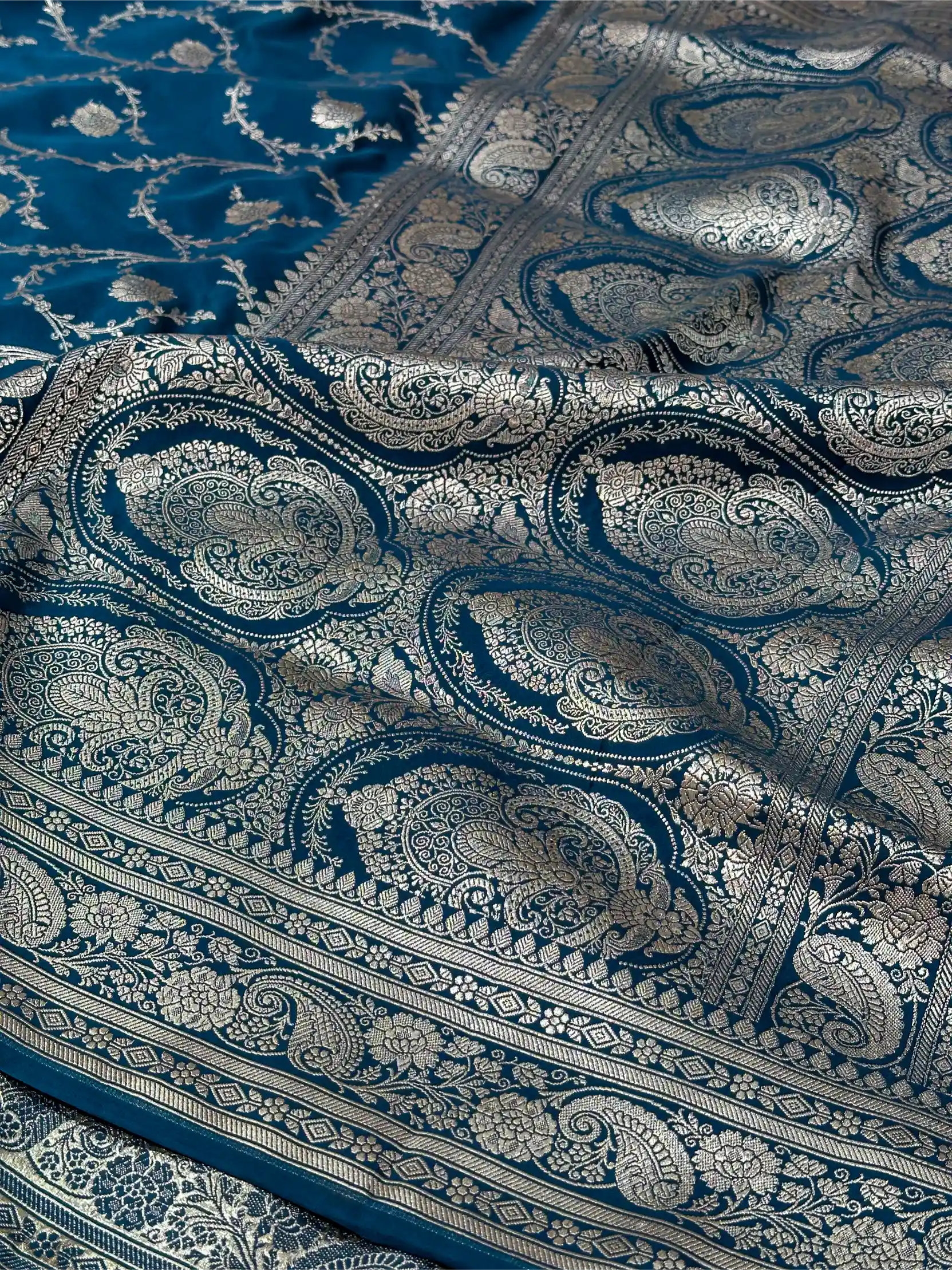 Oxford Blue Mashru Katan Silk Floral Jaal Weave Banarasi Saree