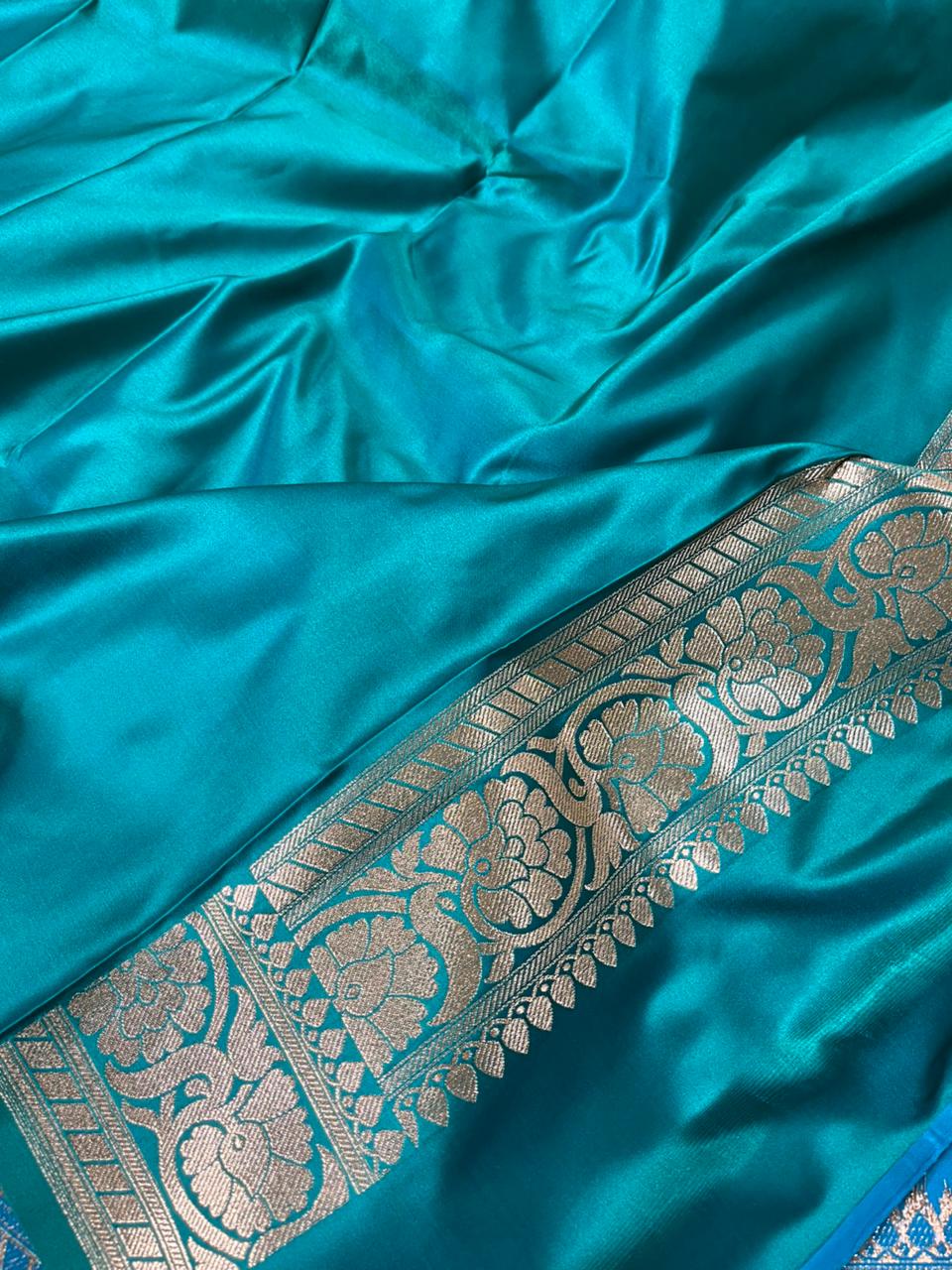 Pacific Blue Satin Silk Chand Tara Buti Banarasi Saree