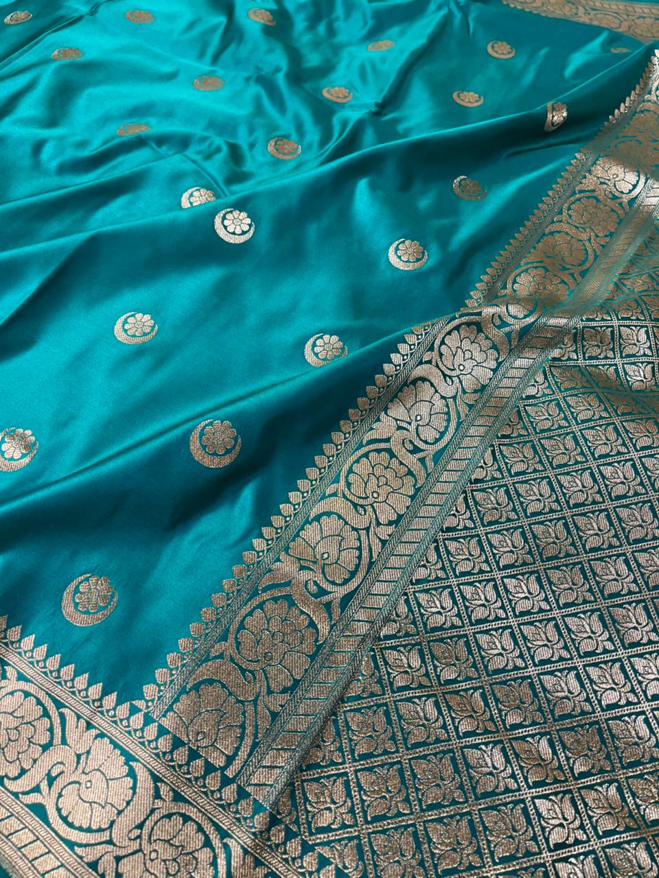 Pacific Blue Satin Silk Chand Tara Buti Banarasi Saree