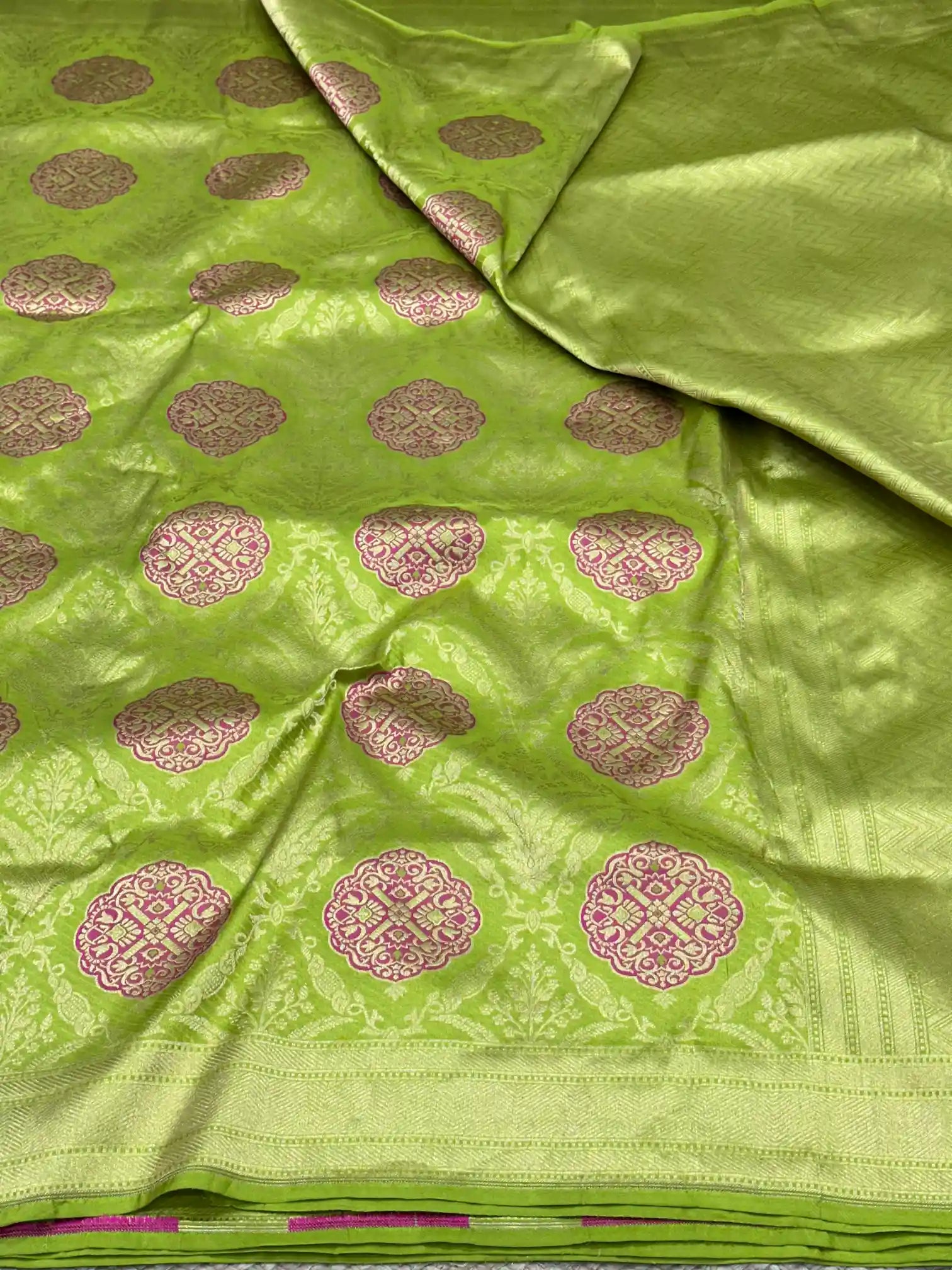 Parrot Green Embossed Meenakari Pure Katan Silk Saree