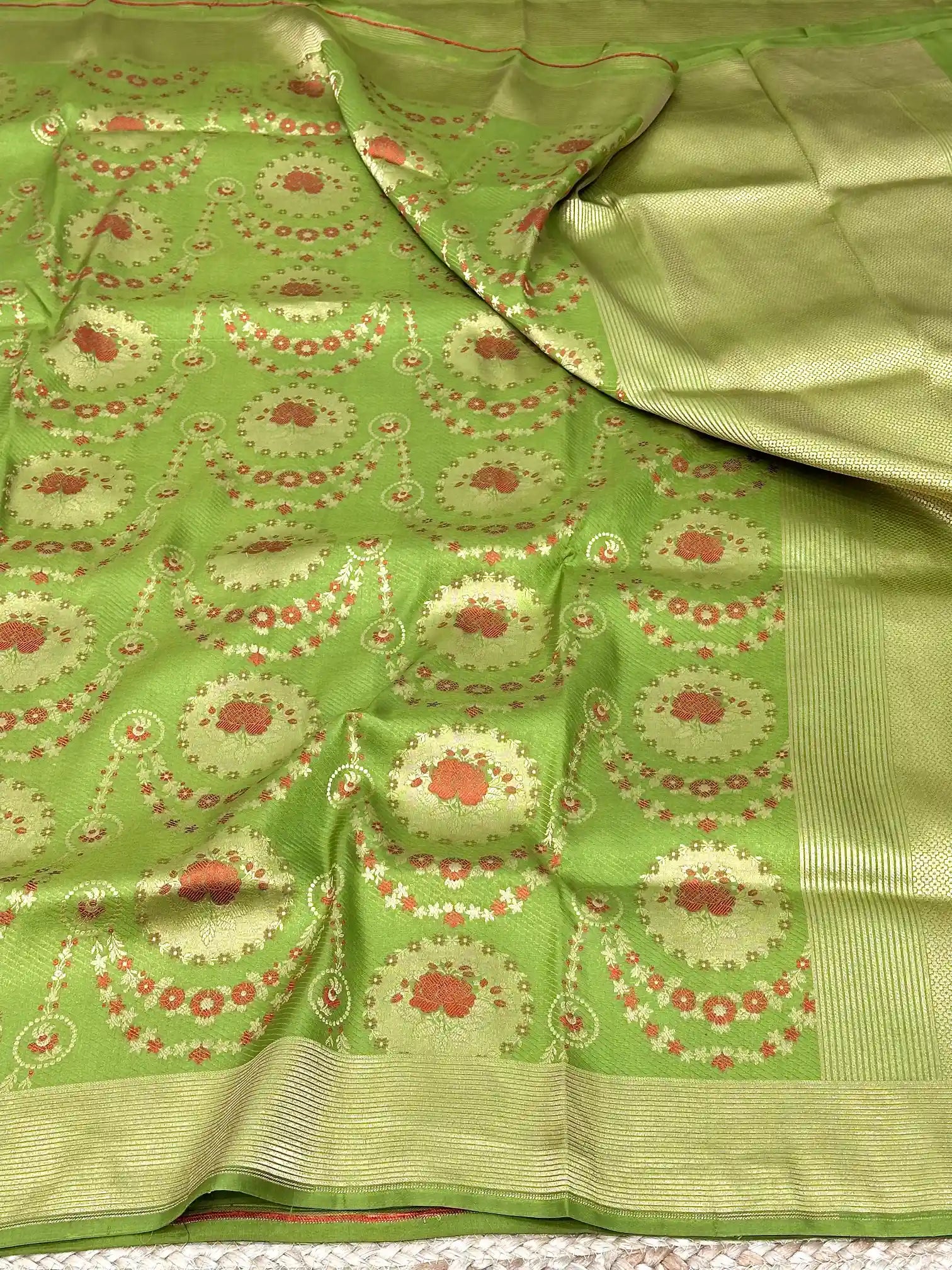 Parrot Green Embossed Meenakari Pure Katan Silk Saree