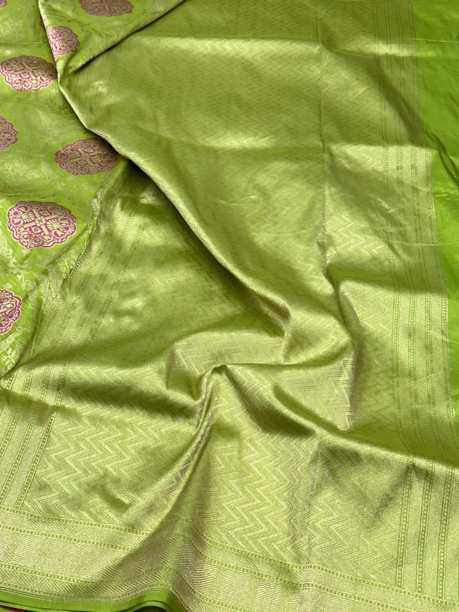 Parrot Green Embossed Meenakari Pure Katan Silk Saree