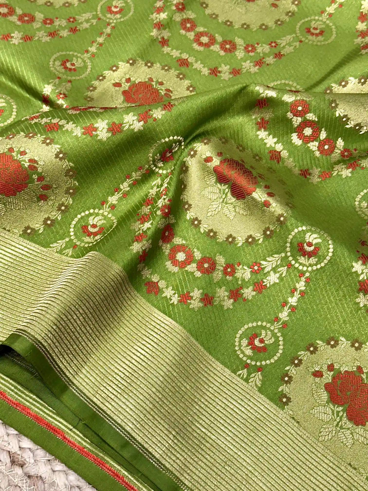 Parrot Green Embossed Meenakari Pure Katan Silk Saree