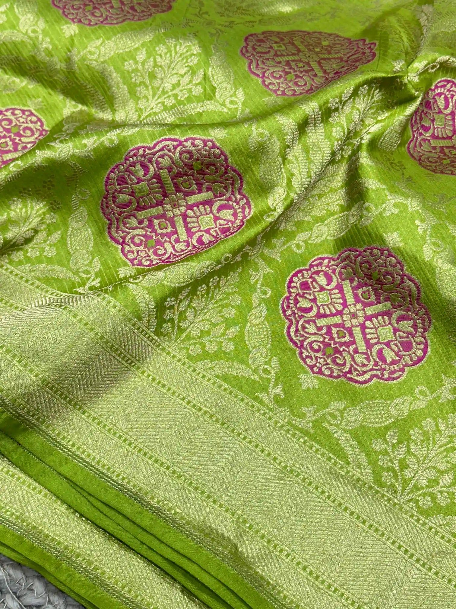 Parrot Green Embossed Meenakari Pure Katan Silk Saree