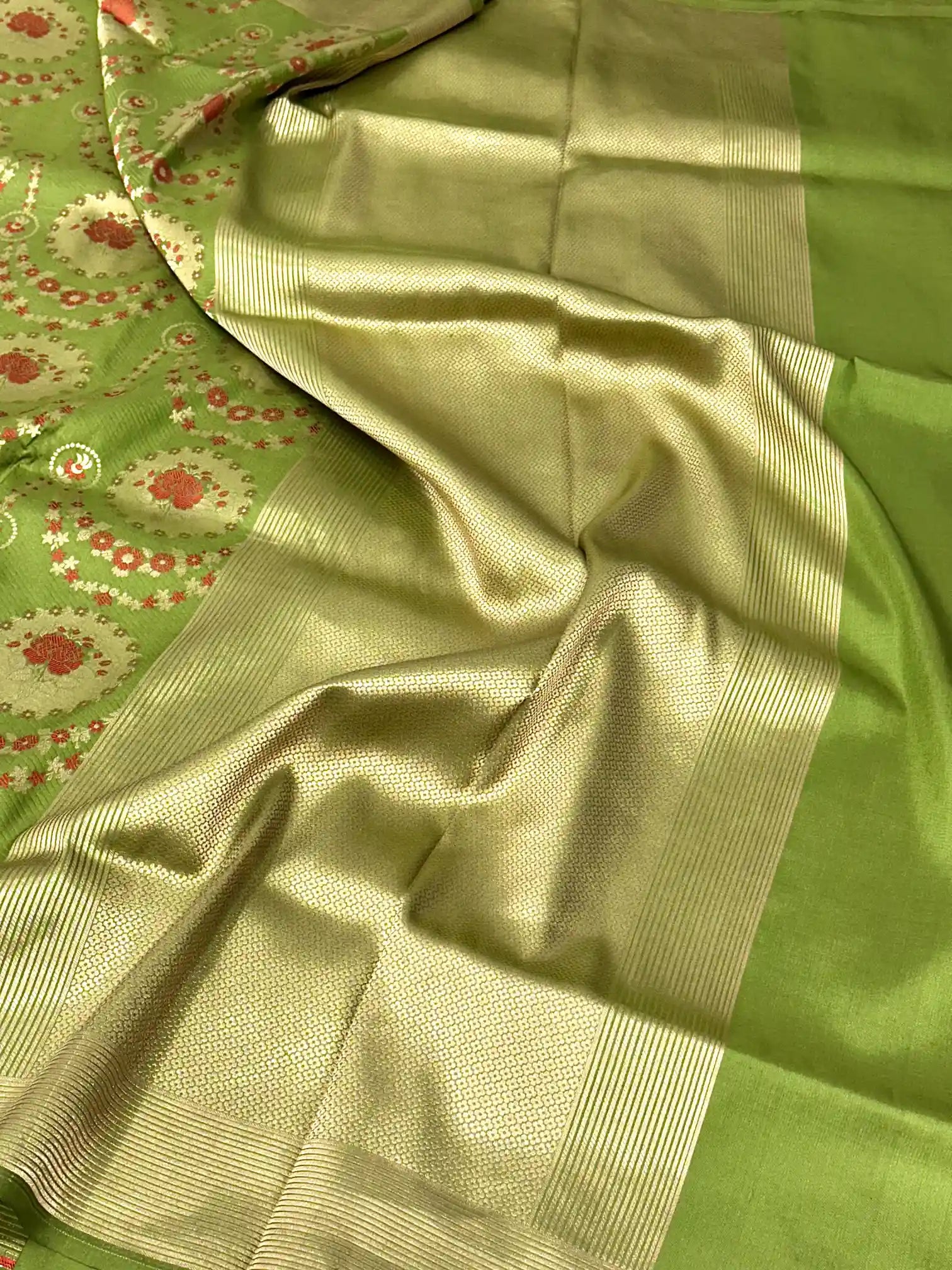 Parrot Green Embossed Meenakari Pure Katan Silk Saree