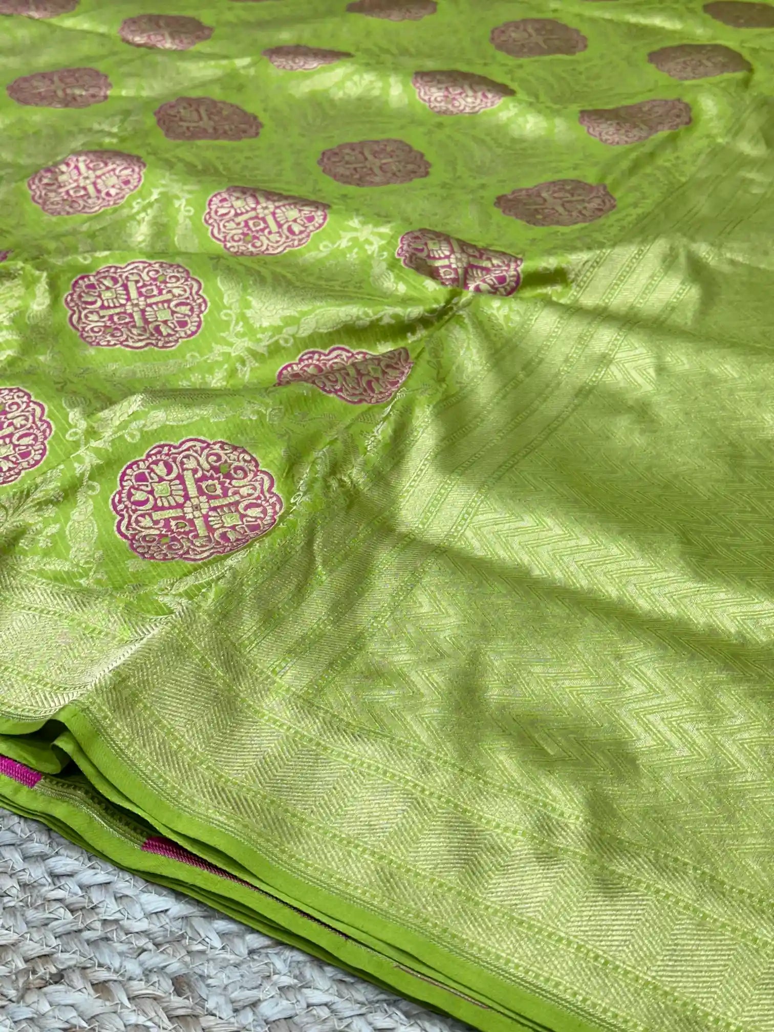 Parrot Green Embossed Meenakari Pure Katan Silk Saree