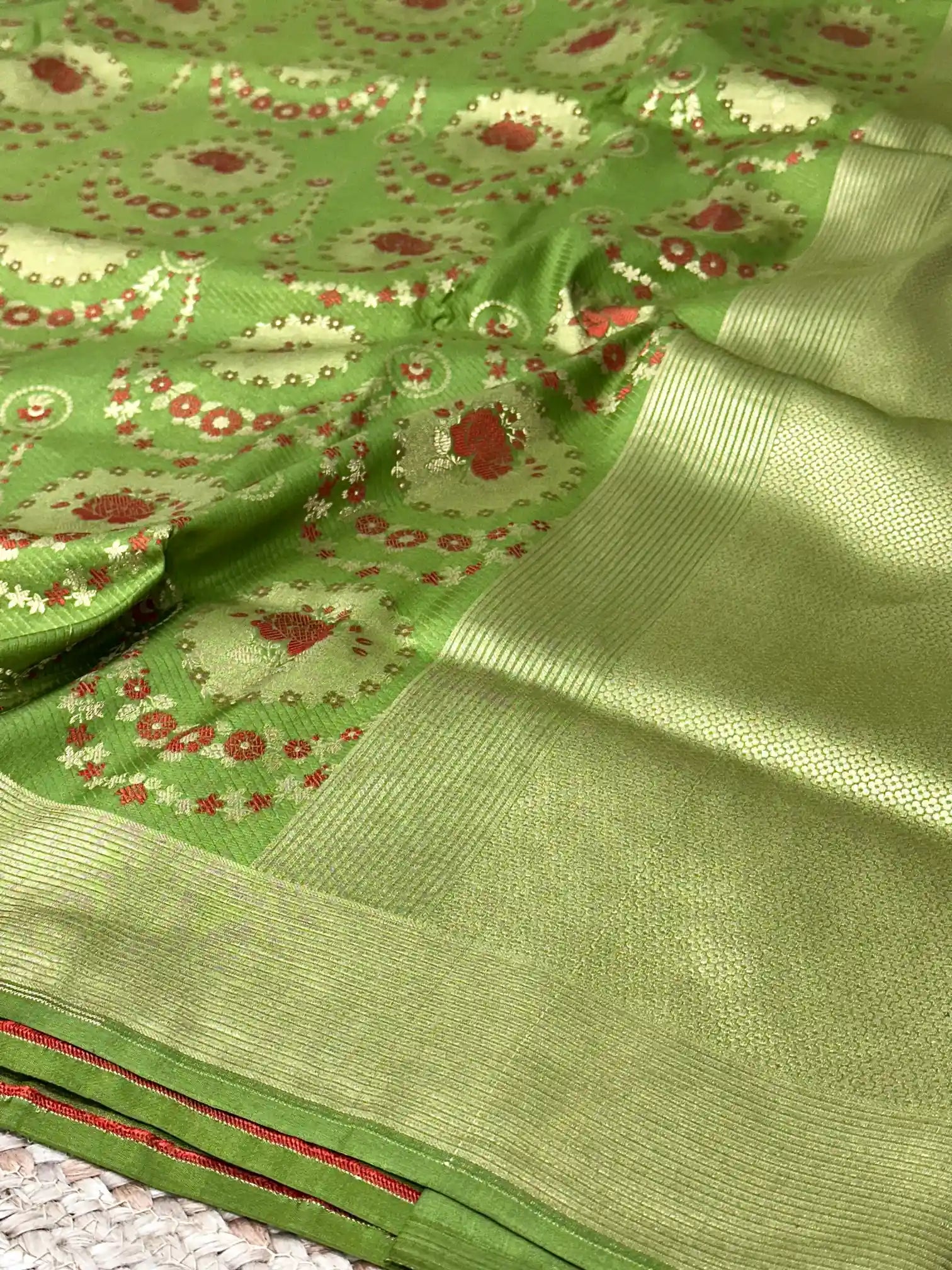 Parrot Green Embossed Meenakari Pure Katan Silk Saree