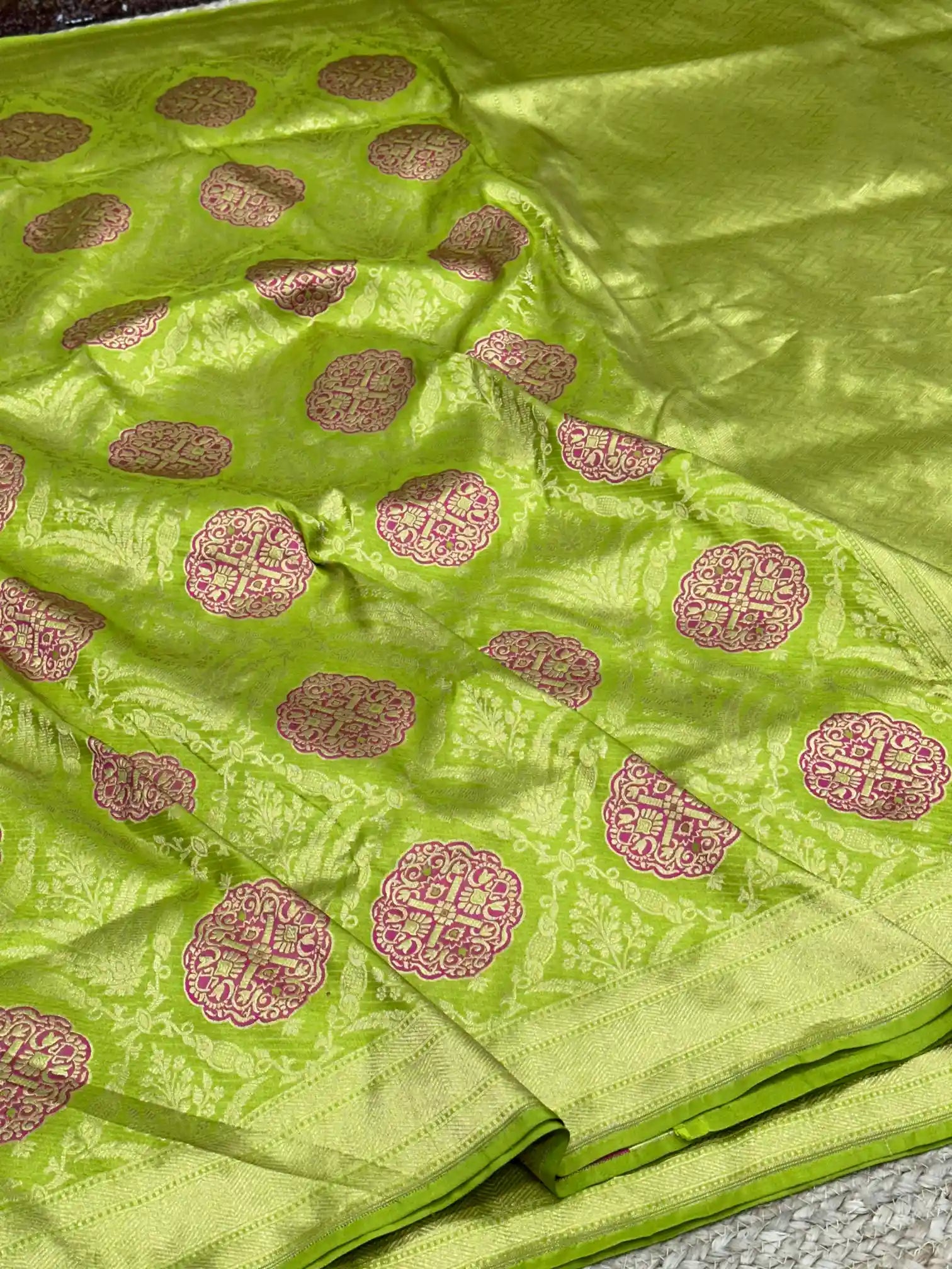 Parrot Green Embossed Meenakari Pure Katan Silk Saree