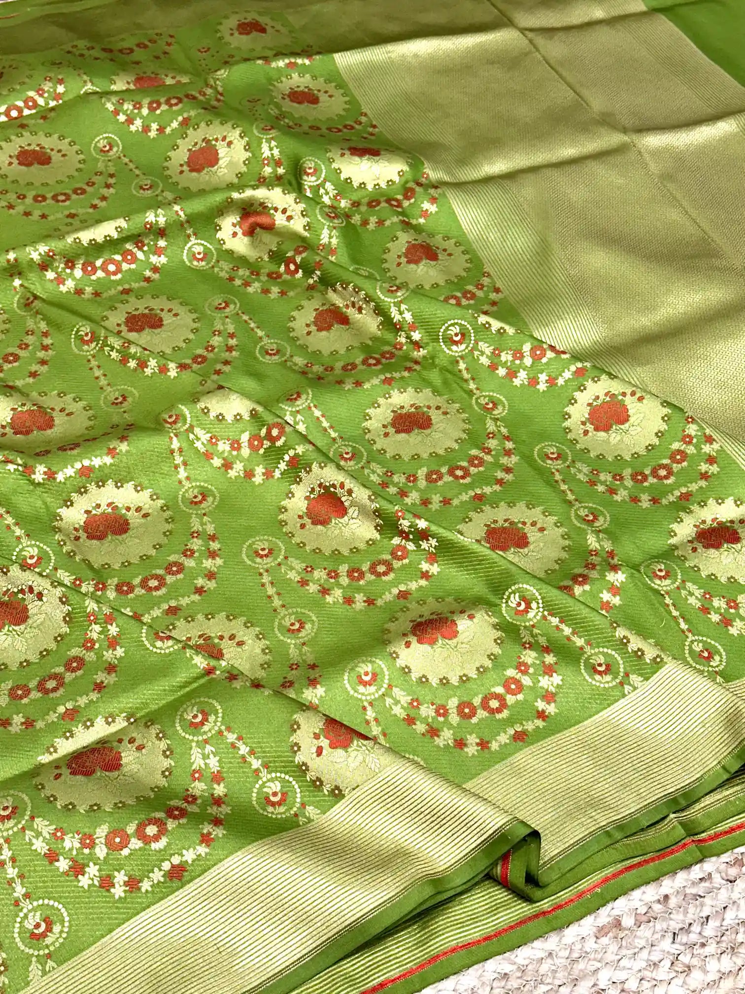 Parrot Green Embossed Meenakari Pure Katan Silk Saree