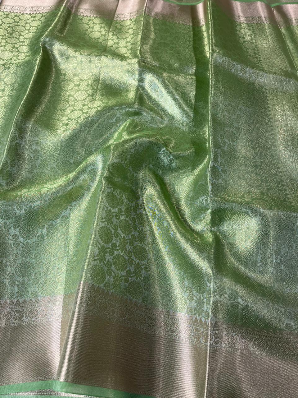 Parrot Green Kanjivaram Bridal Tissue Silk Saree with Rich pallu and blouse