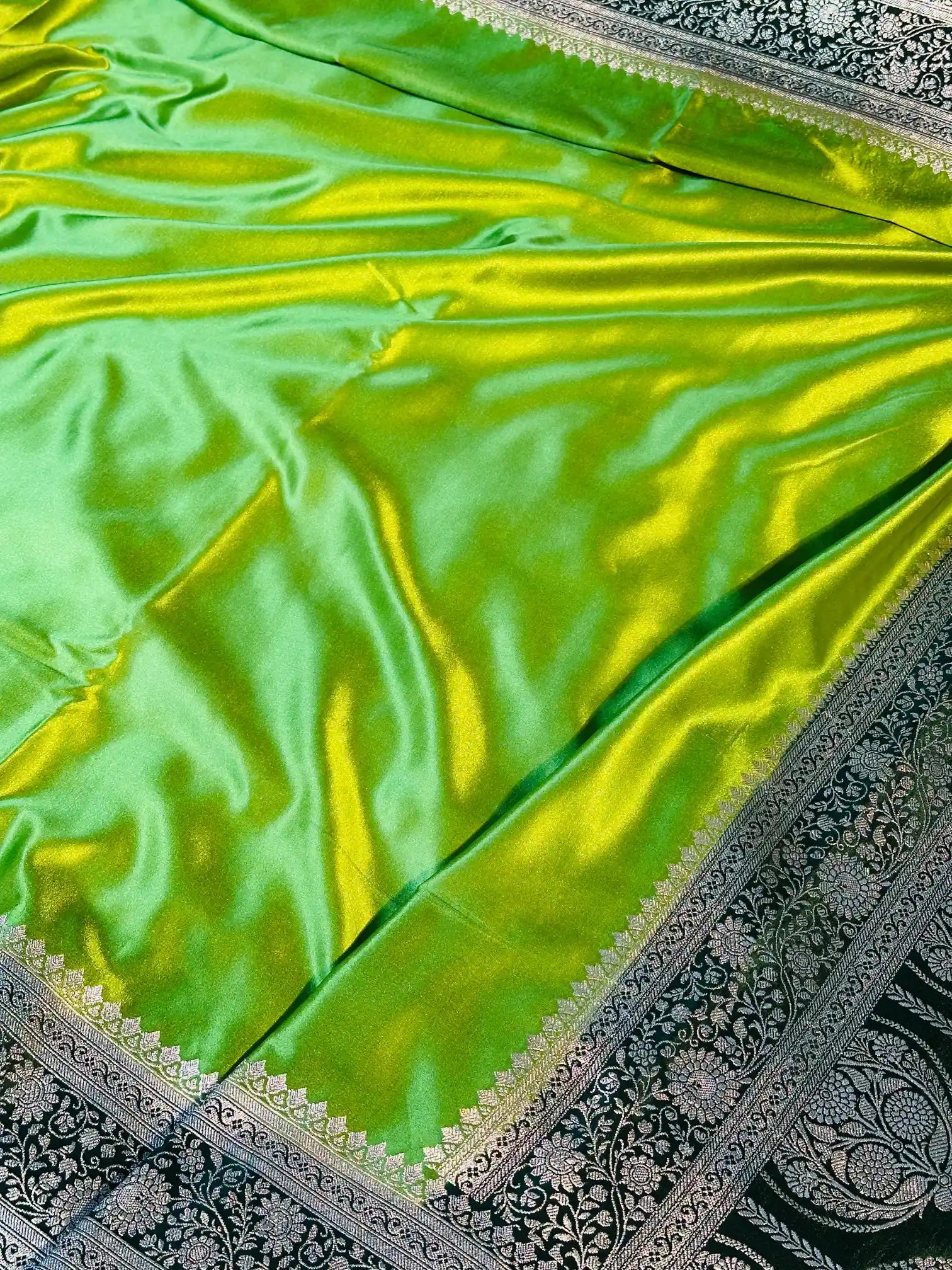 Parrot Green Mashru Katan Silk Silver Zari Weave Banarasi Saree