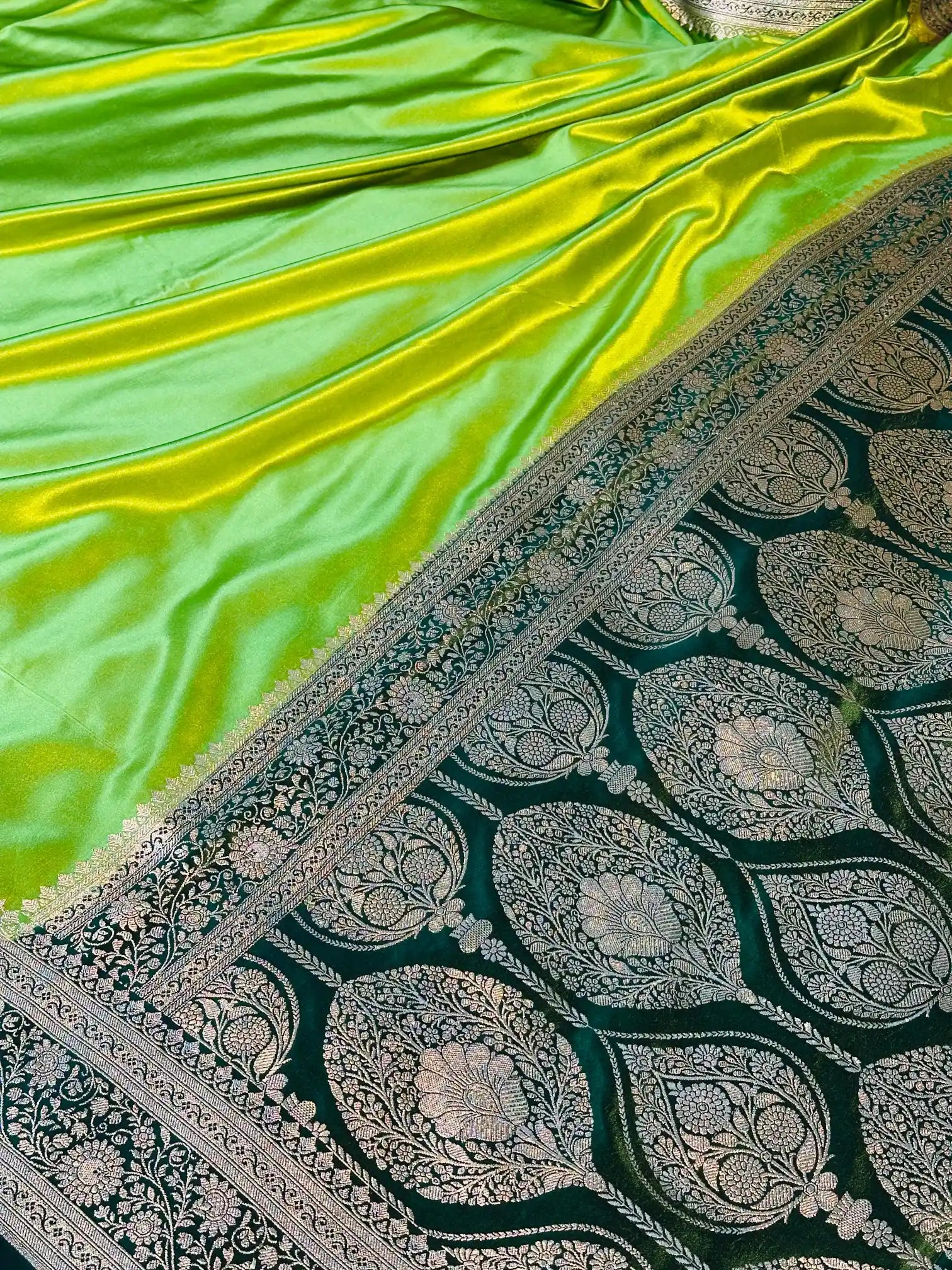 Parrot Green Mashru Katan Silk Silver Zari Weave Banarasi Saree