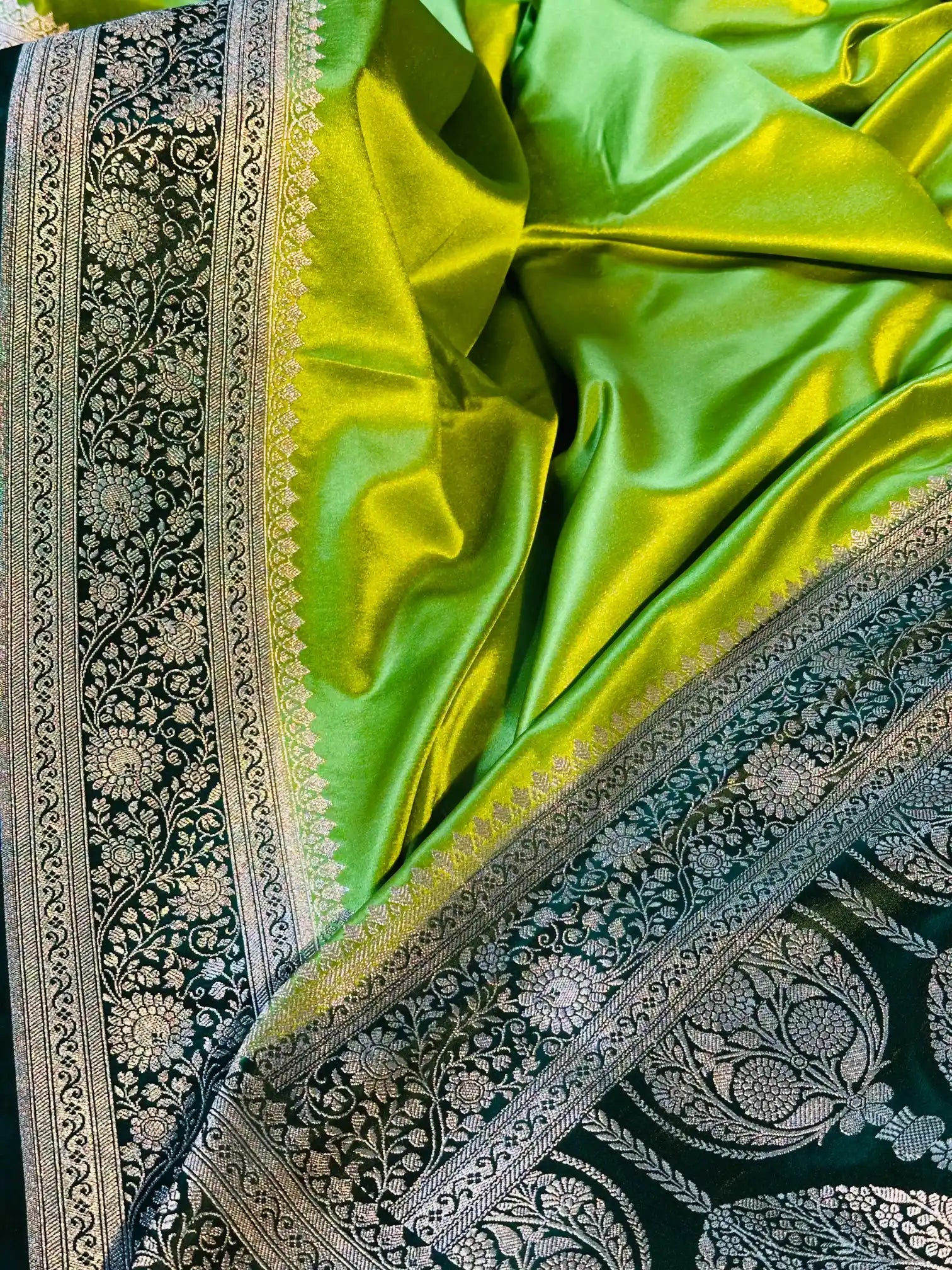 Parrot Green Mashru Katan Silk Silver Zari Weave Banarasi Saree