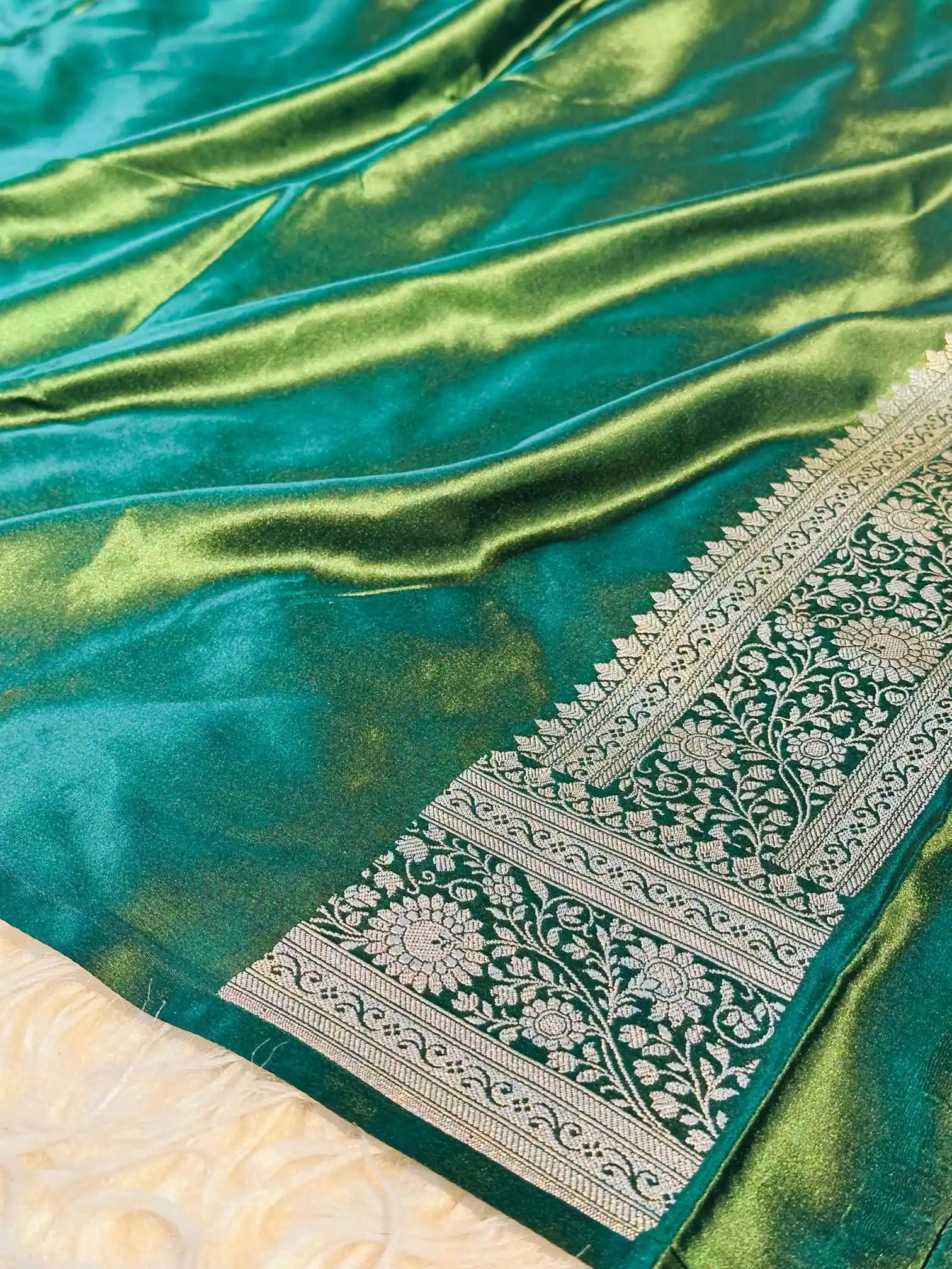 Parrot Green Mashru Katan Silk Silver Zari Weave Banarasi Saree