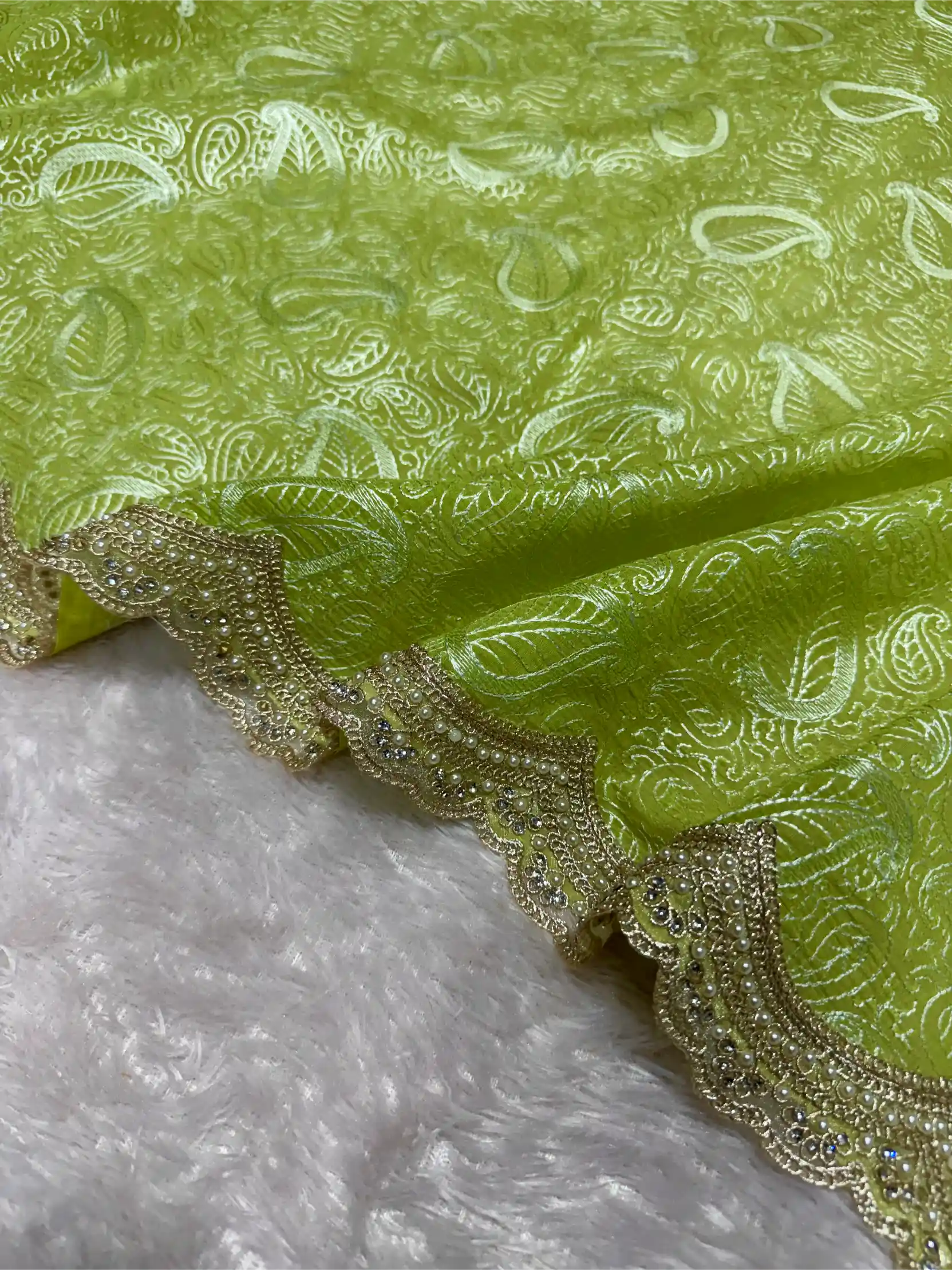 Parrot Green Pure Mul Chanderi Chikankari Work Banarasi Saree