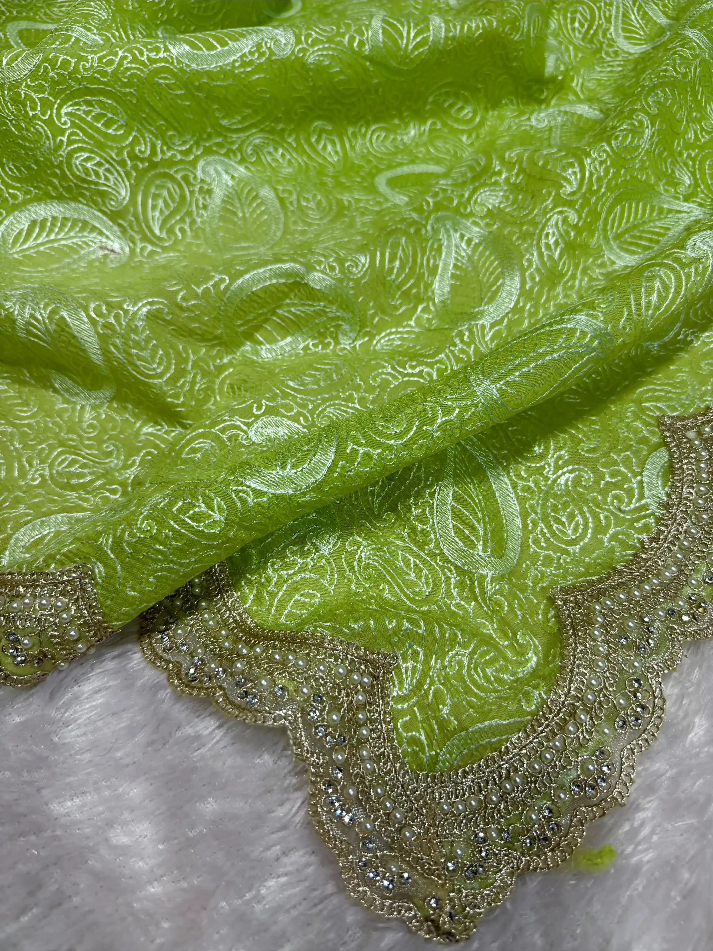 Parrot Green Pure Mul Chanderi Chikankari Work Banarasi Saree