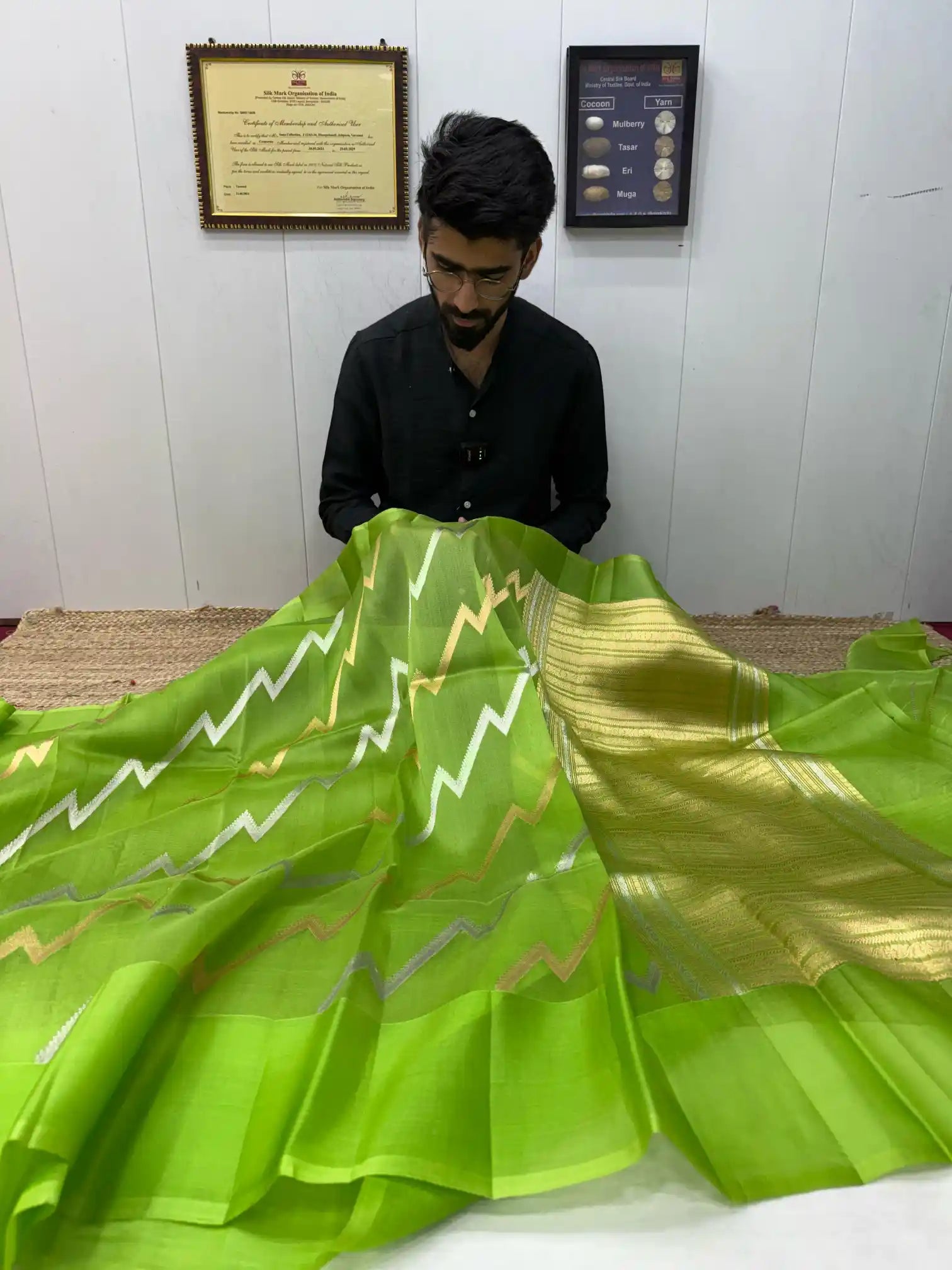 Parrot Green Pure Organza Silk Banarasi Saree