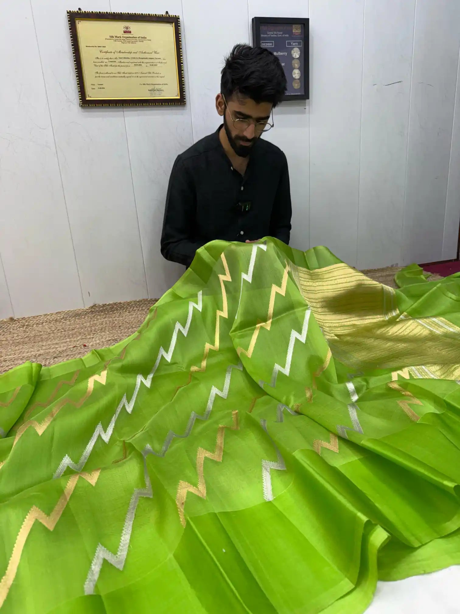 Parrot Green Pure Organza Silk Banarasi Saree