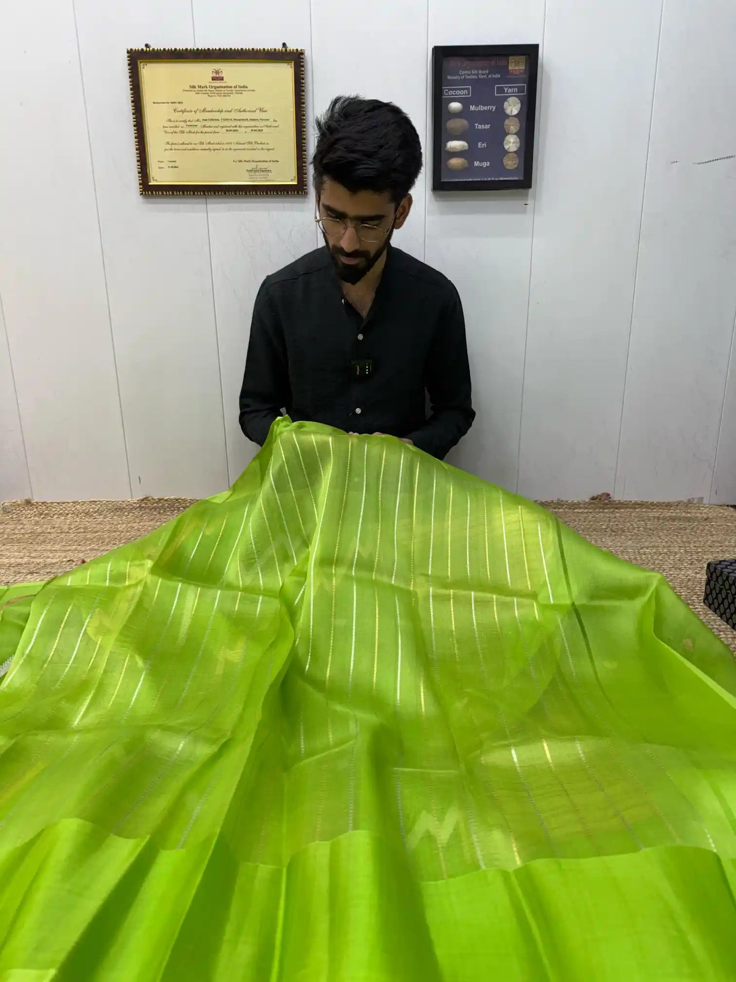 Parrot Green Pure Organza Silk Banarasi Saree