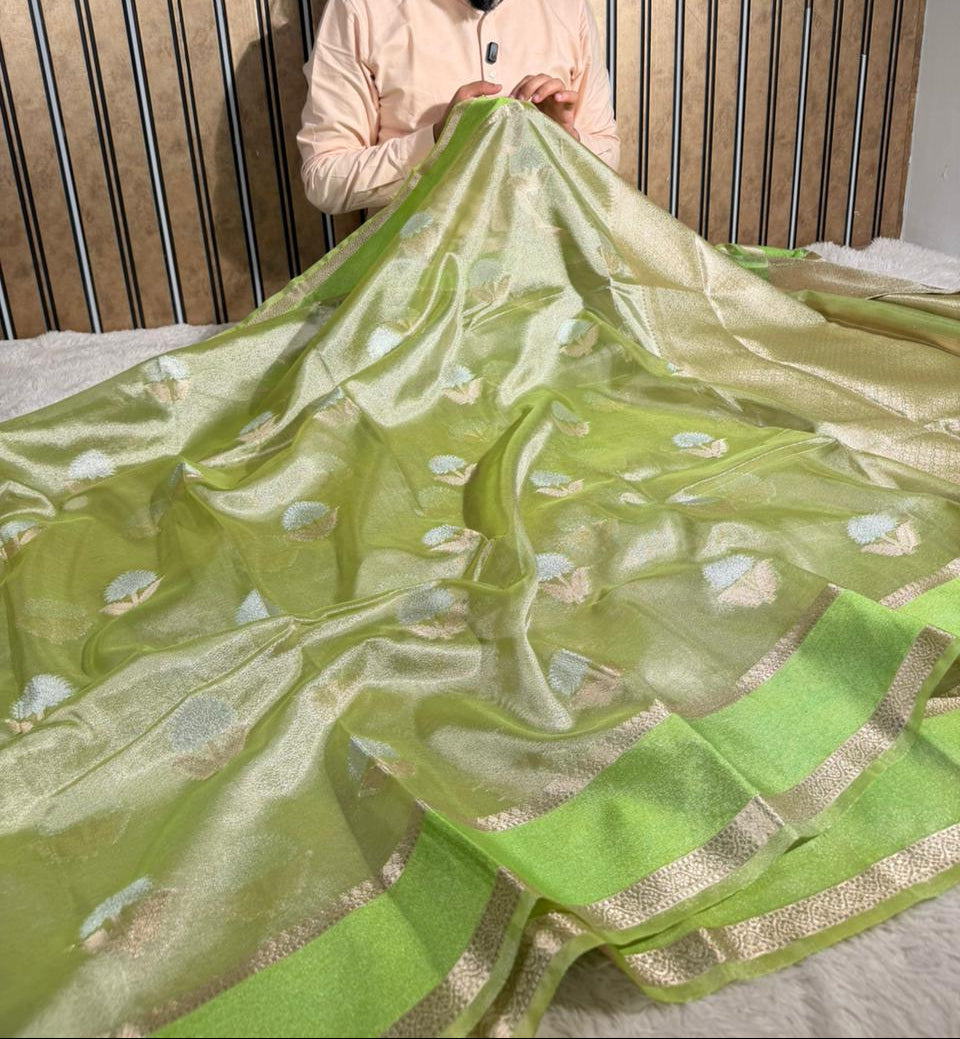 Parrot Green Soft Tissue Silk Heritage Banarasi Saree
