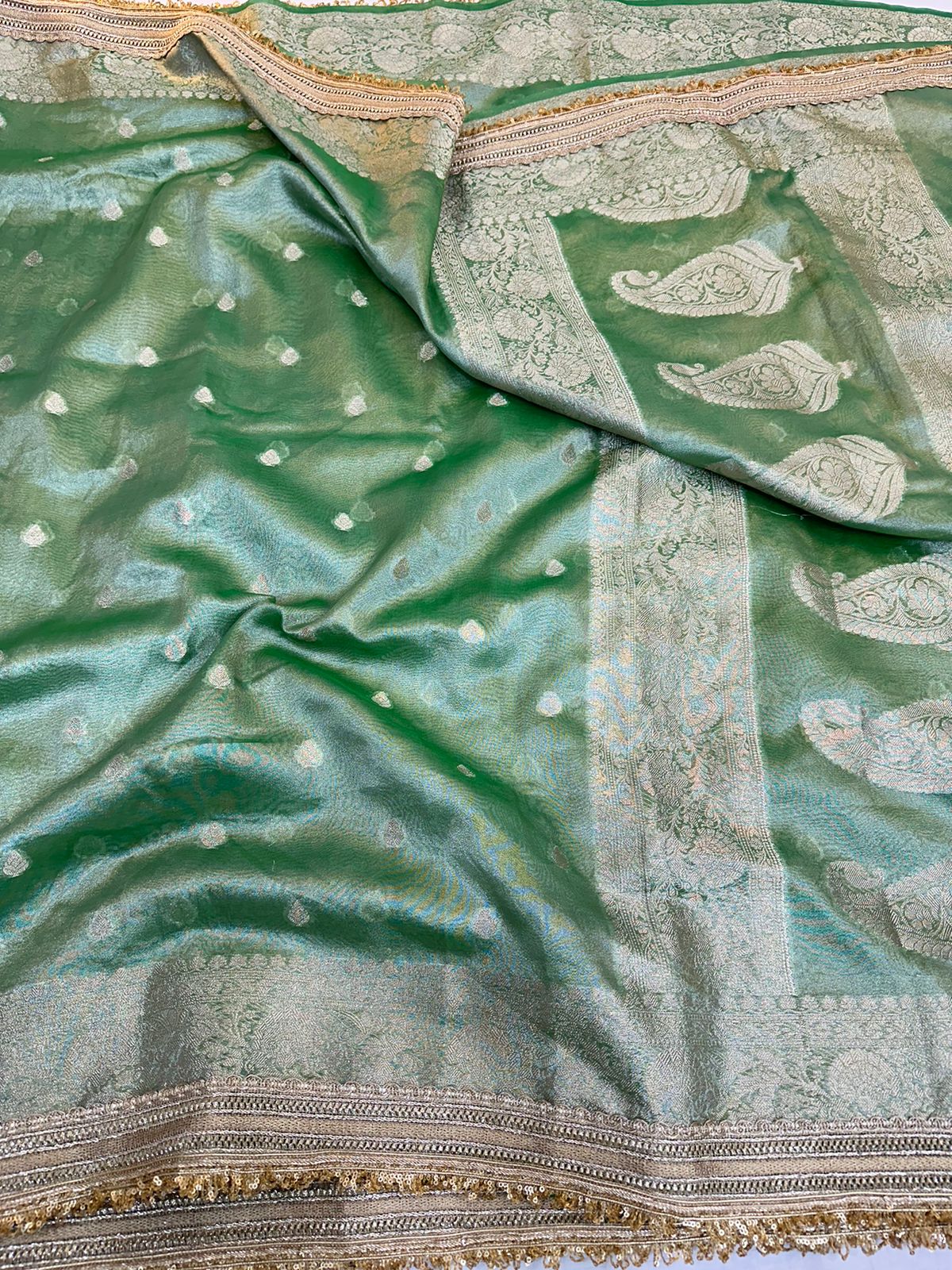 Parrot Green Tissue Silk Lace Attached Banarasi Saree