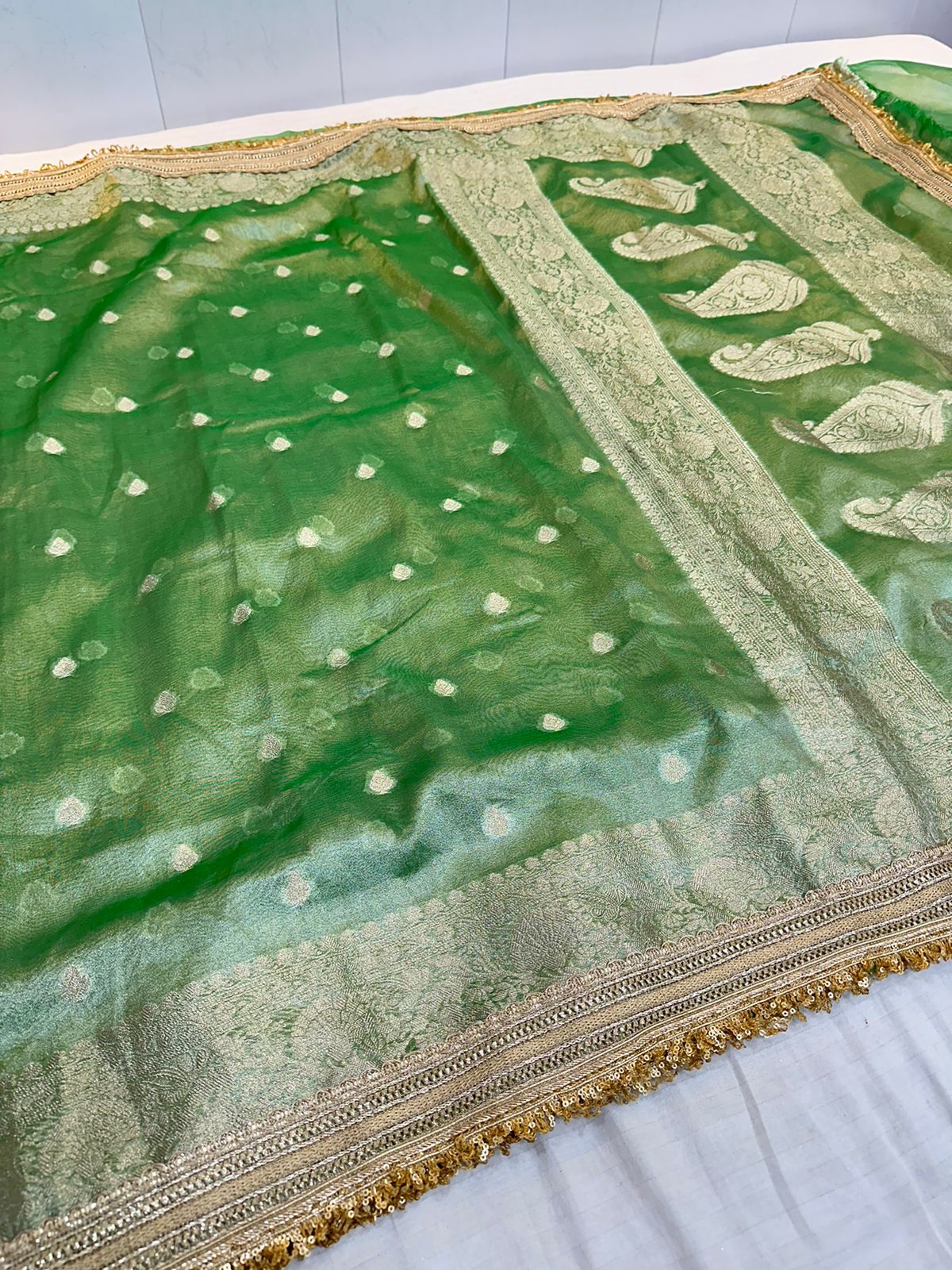 Parrot Green Tissue Silk Lace Attached Banarasi Saree